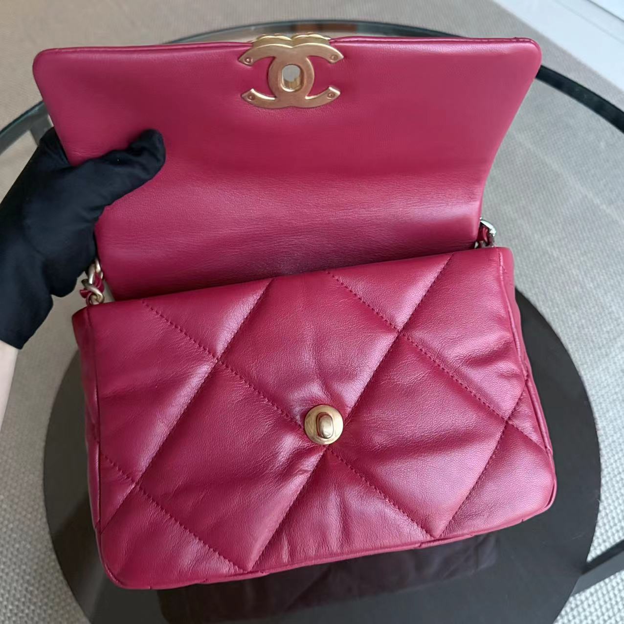 Chanel 19 Bag Small C19 Quilted Goatskin Burgundy Red Two Tone Hardware