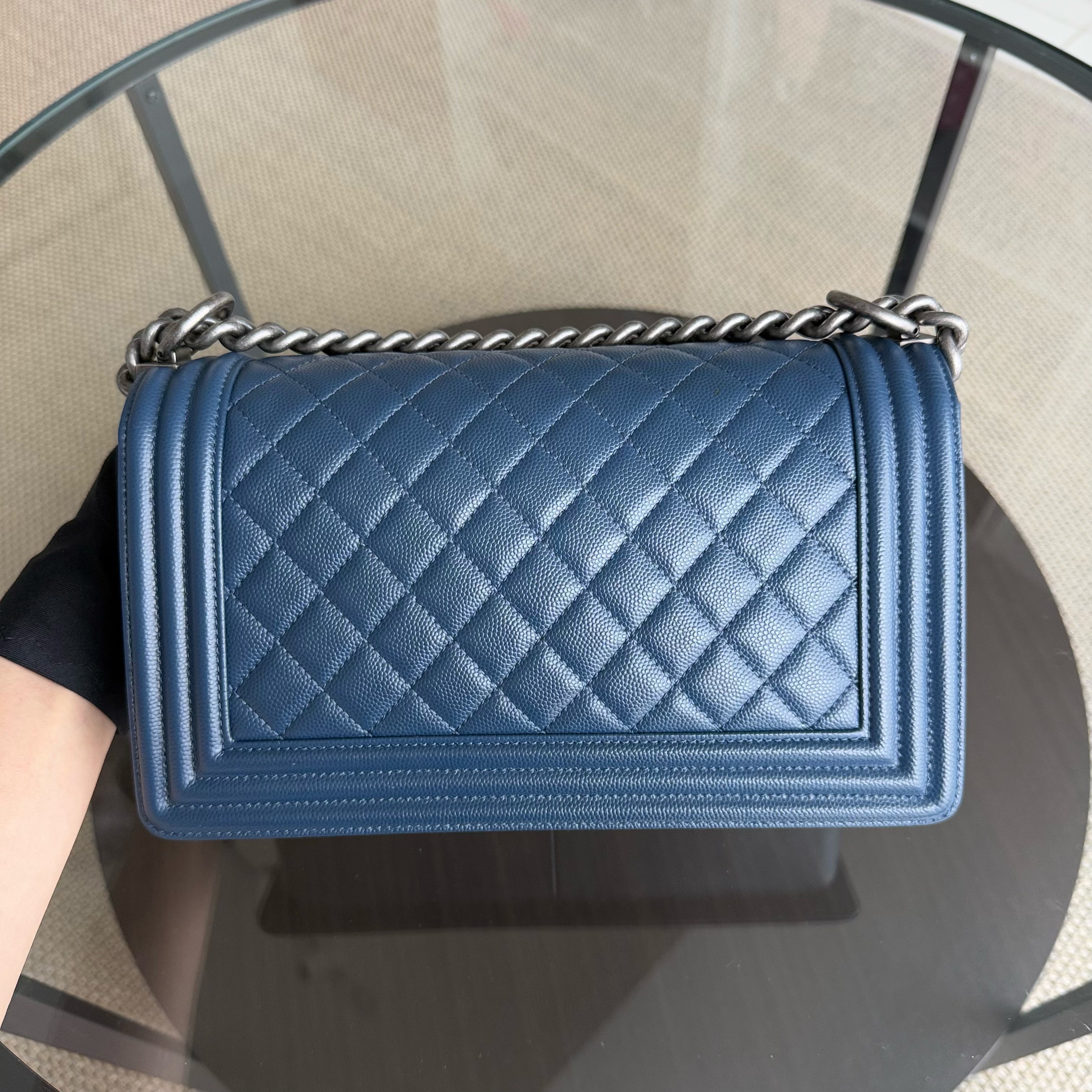 Chanel Boy Medium - Caviar 25CM Quilted Dark Navy Blue Ruthenium Silver Hardware Series 25