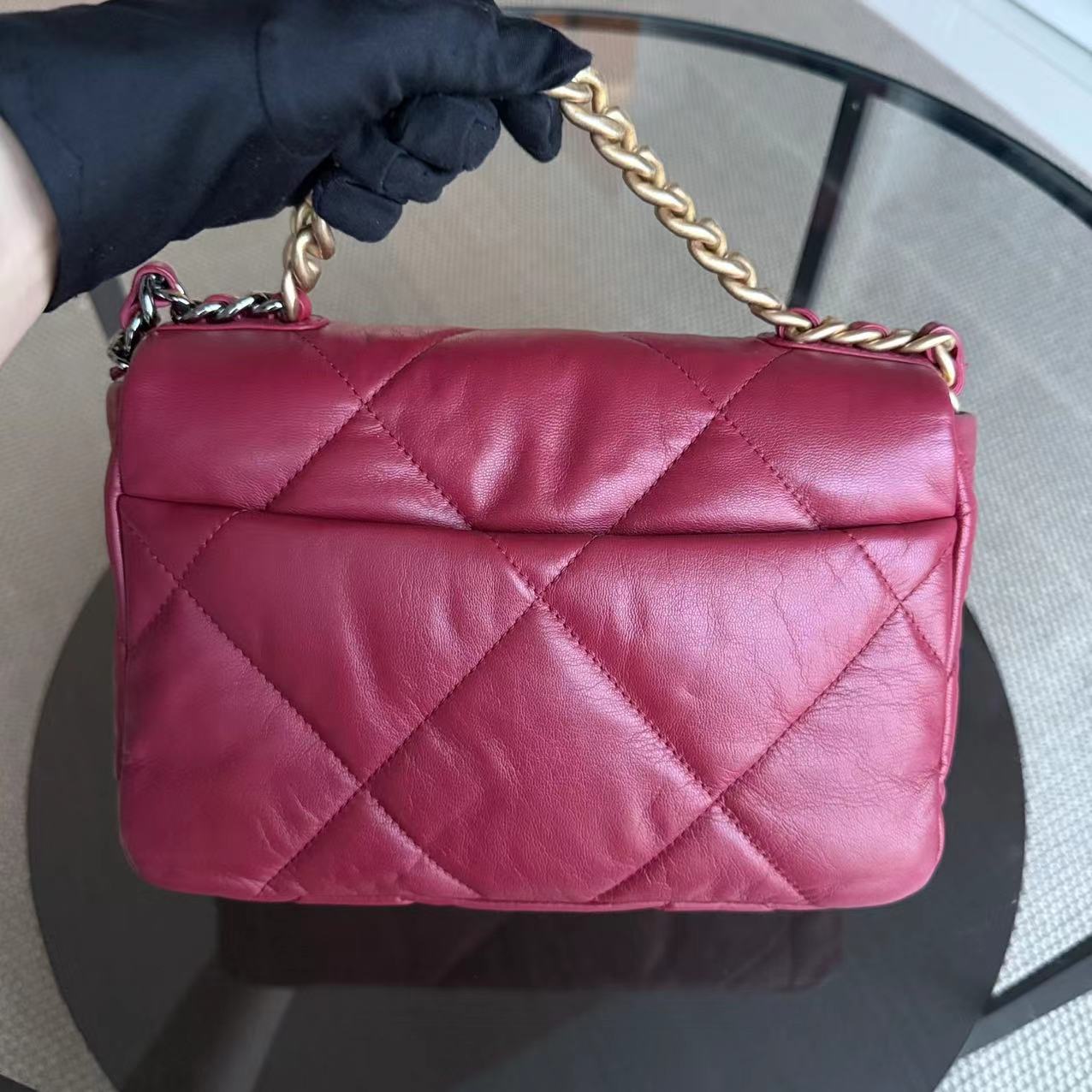 Chanel 19 Bag Small C19 Quilted Goatskin Burgundy Red Two Tone Hardware