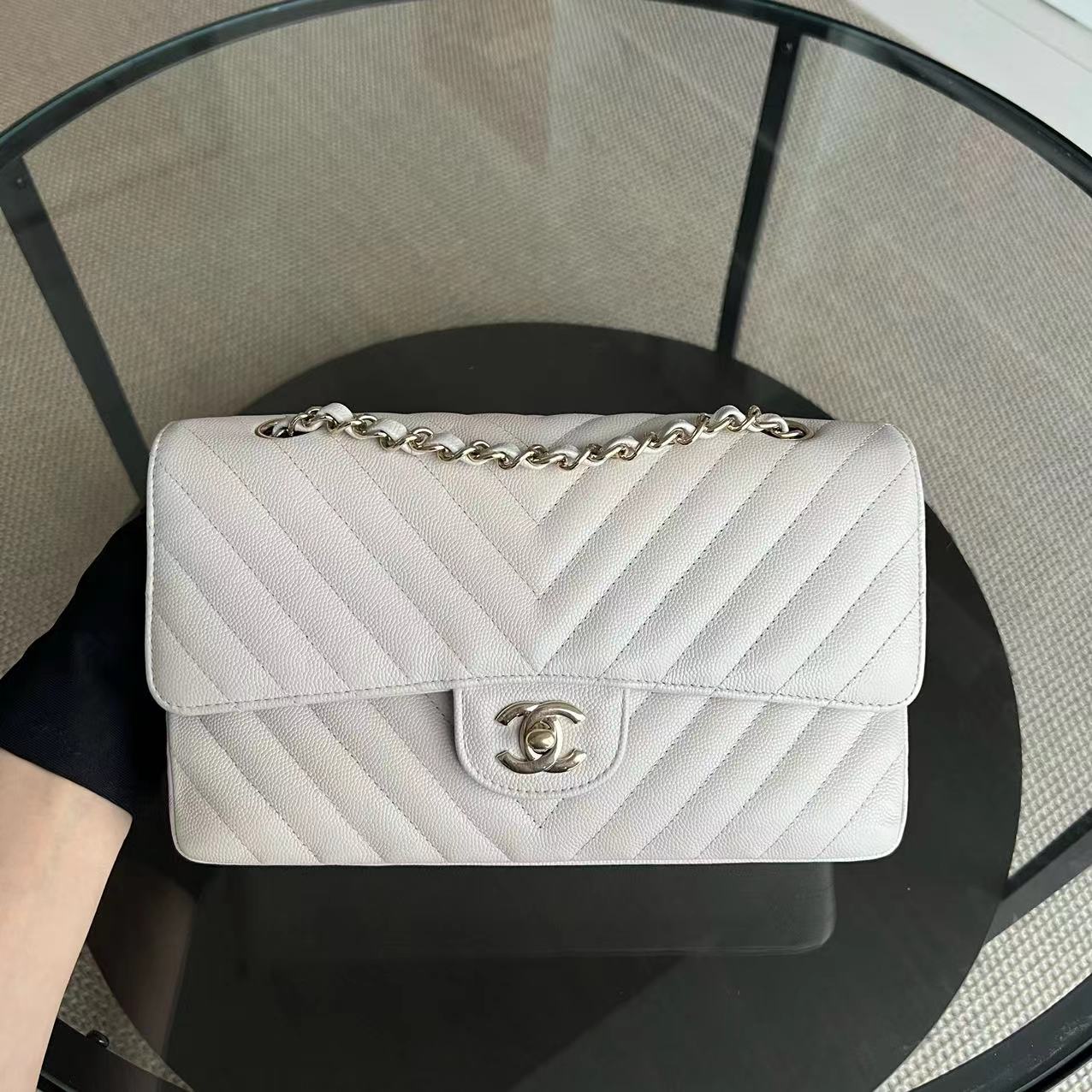 Caviar Chevron White Cream Silver Hardware Series 26