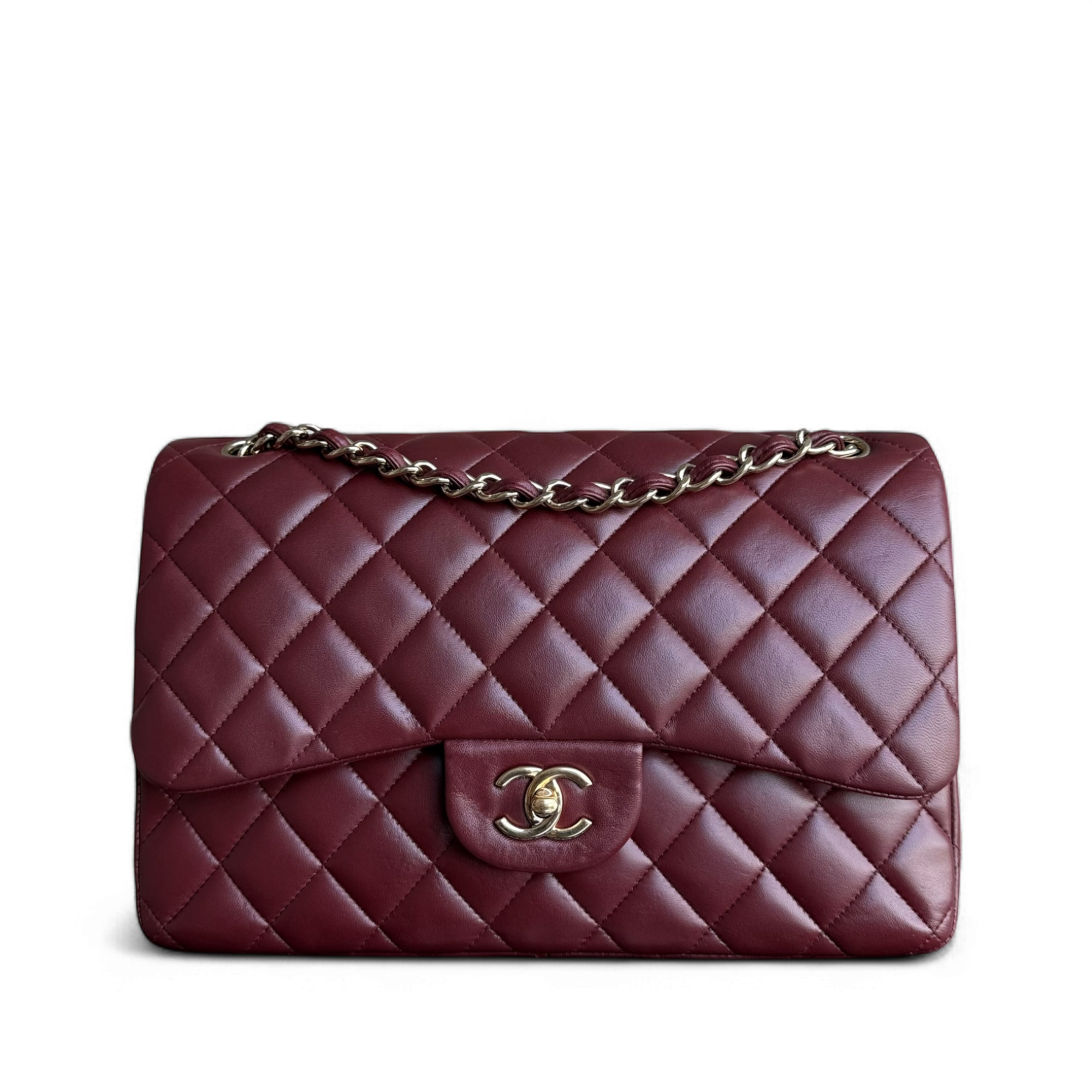 Chanel Classic Flap Jumbo - Double Flap 30CM Quilted Lambskin Burgundy Dark Red Gold Hardware Series 21