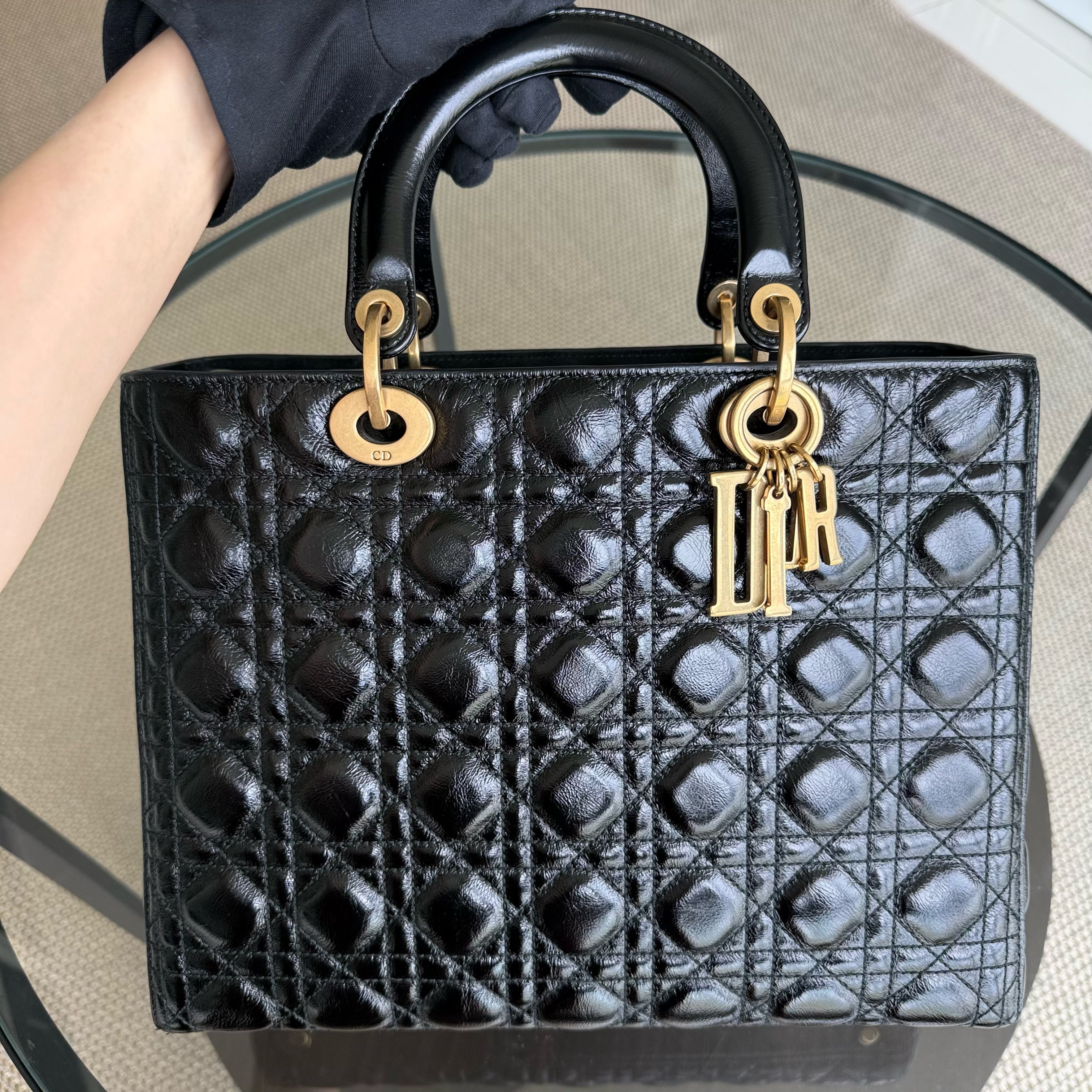 Dior Lady Large Flap - Glazed Calfskin Cannage Black Gold Hardware