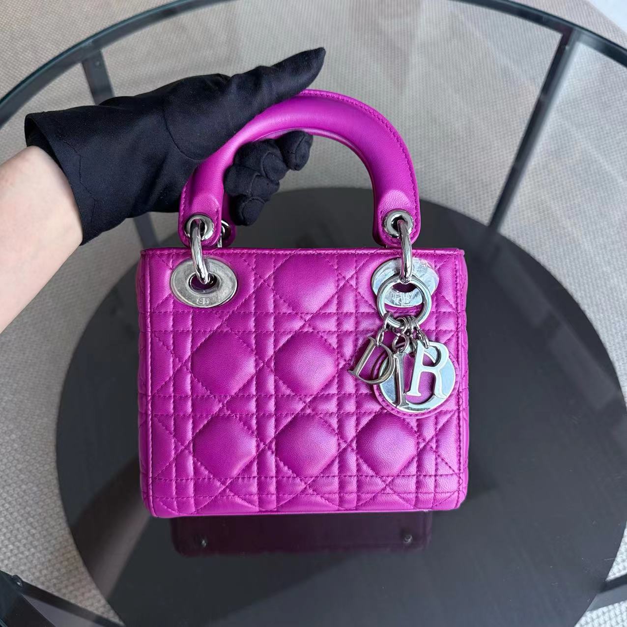 *Full Set Receipt* Dior Lady Mini Cannage Lambskin Purple Violet Silver Hardware Adjustbale Strap