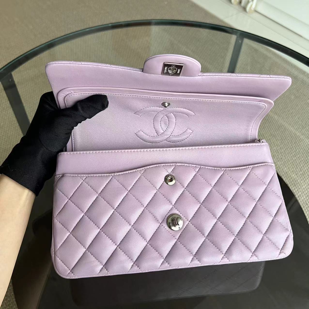 Chanel Medium Classic Flap Double Flap Quilted Lambskin Violet Silver Hardware Series 17