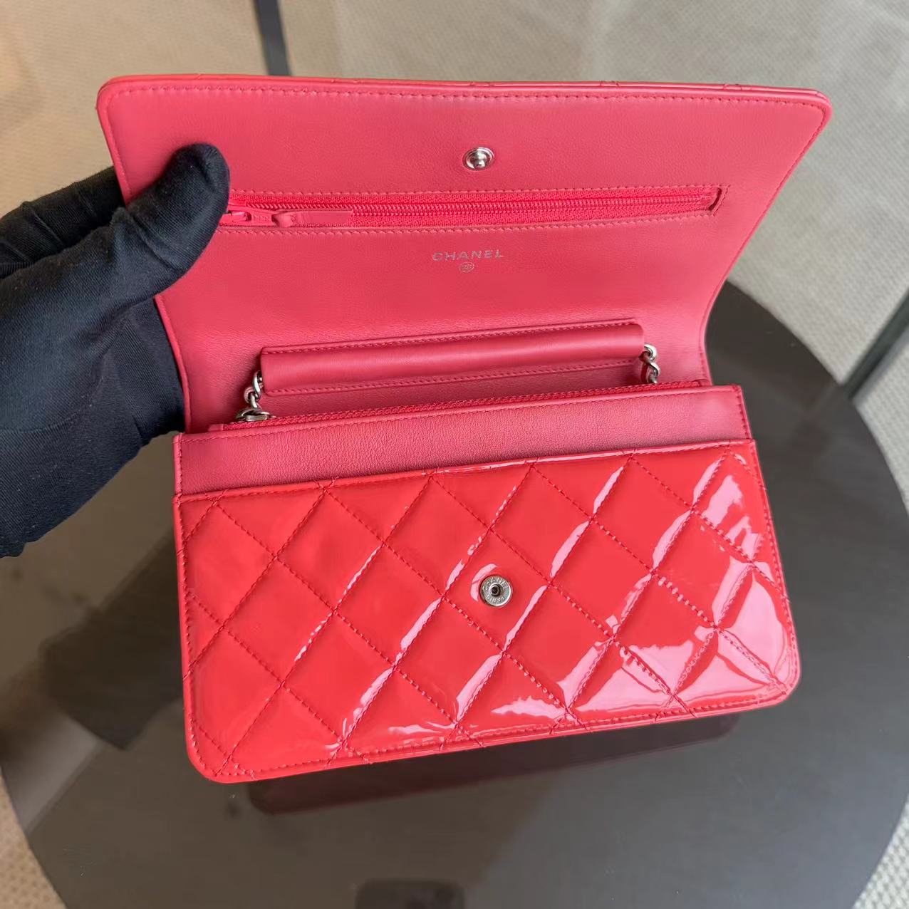 Chanel Wallet On Chain WOC - Quilted Patent Leather Red Pink