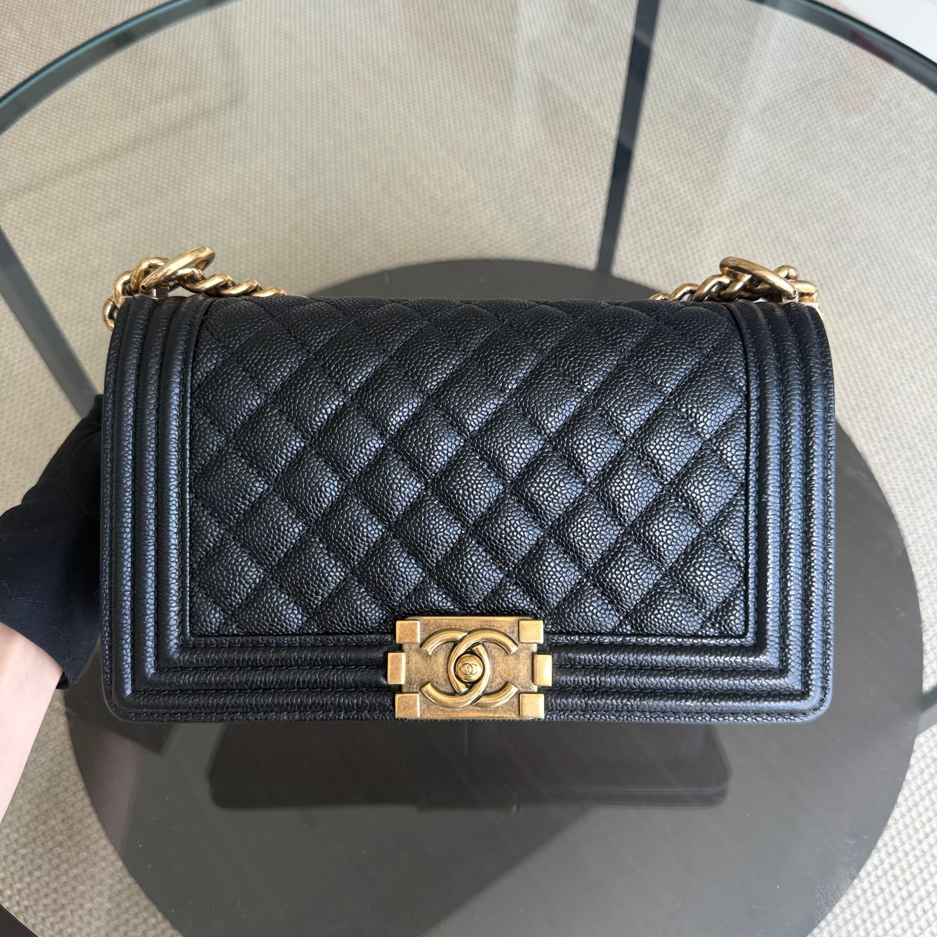 Chanel Boy Medium - Caviar 25CM Quilted Black Ruthenium Gold Hardware Series 20