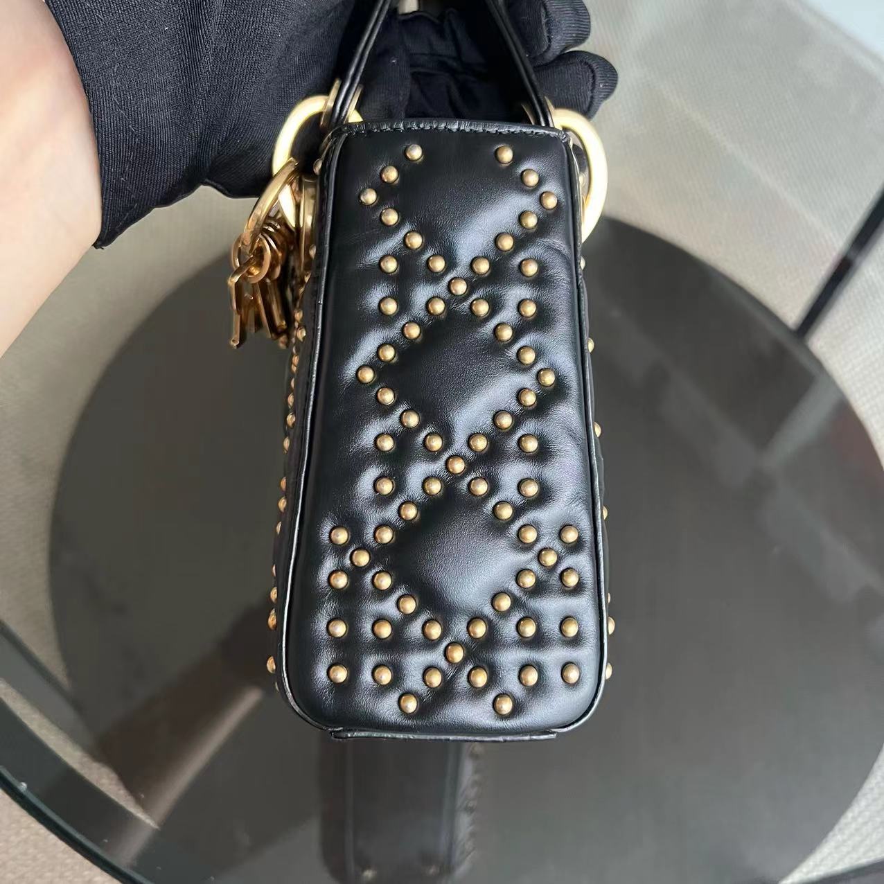 Lady Mini Studded Cannage Calfskin Black Golden Hardware