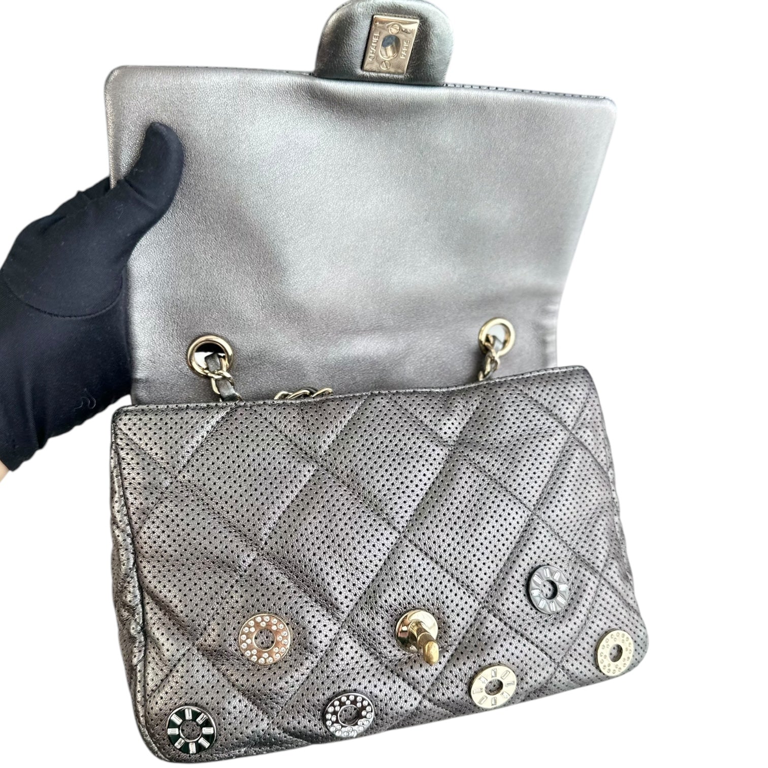 Chanel Seasonal Flap - Cruise Paris-Dubai Medals 2015 Perforated Calfskin Gray Grey Silver Hardware Series 20