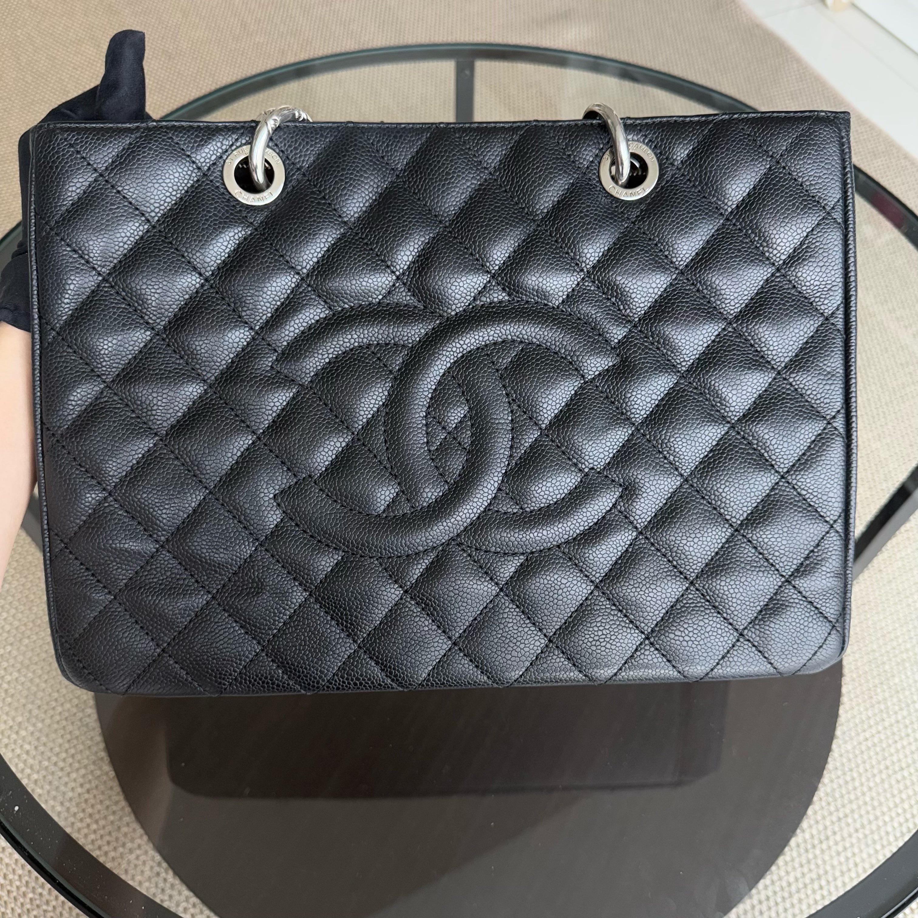 Chanel GST Grand Shopping Tote - Caivar Quilted Black Silver Hardware