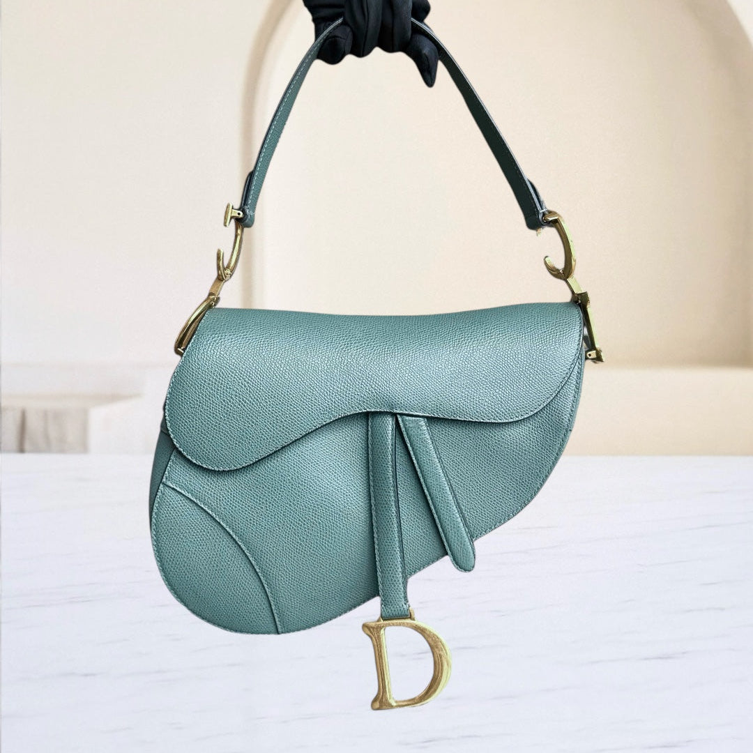 Dior Saddle Medium - Grained Calfskin 25CM Haze Green Golden Hardware