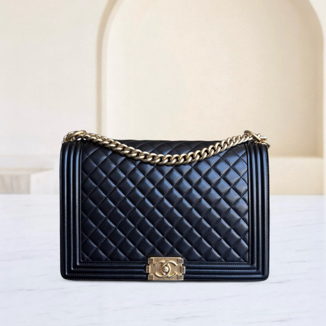 Chanel Boy Large - 30CM Quilted Lambskin Large Black Gold Hardware Series 21