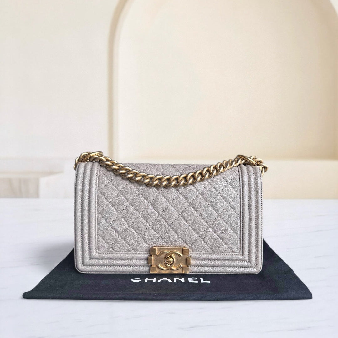 Chanel Boy Medium - Caviar 25CM Quilted Grained Calfskin Grey Gray Gold Hardware Series  27
