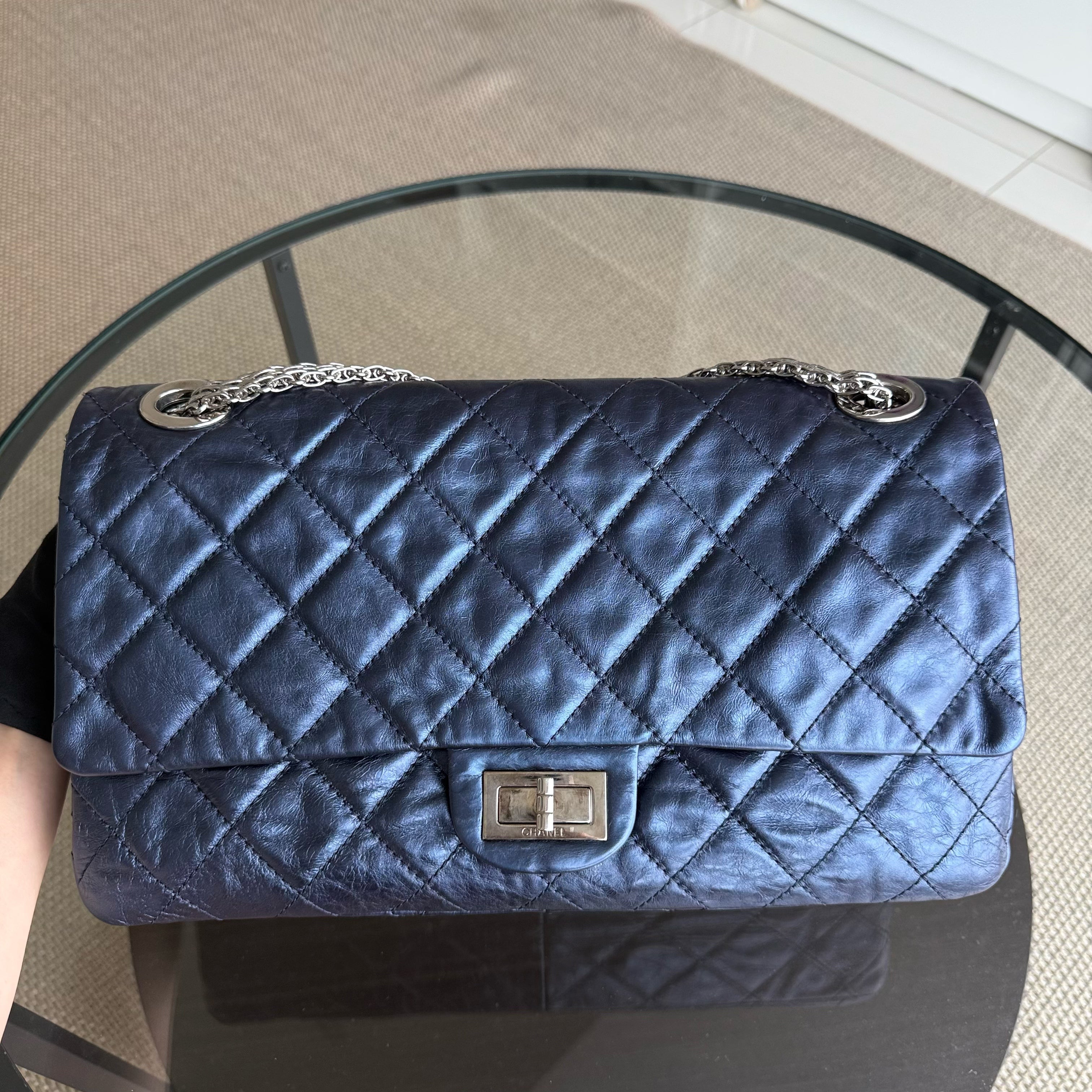 Chanel 2.55 Reissue 228 Maxi - 35CM Quilted Metallic Calfskin Blue Ruthenium Silver Hardware Series 12