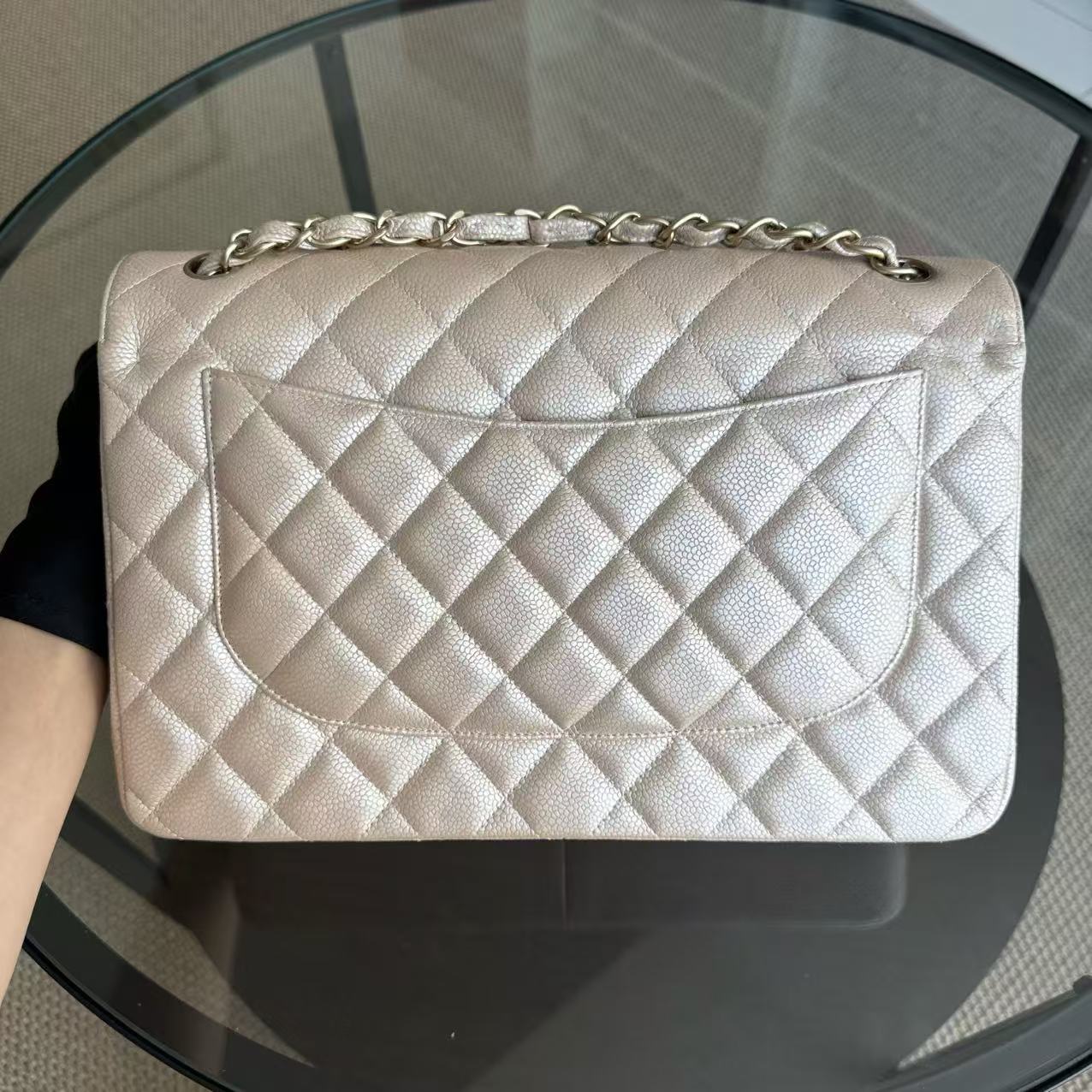 Chanel Classic Flap Jumbo - Iridescent Caviar Double Flap Beige Gold Hardware Series 16