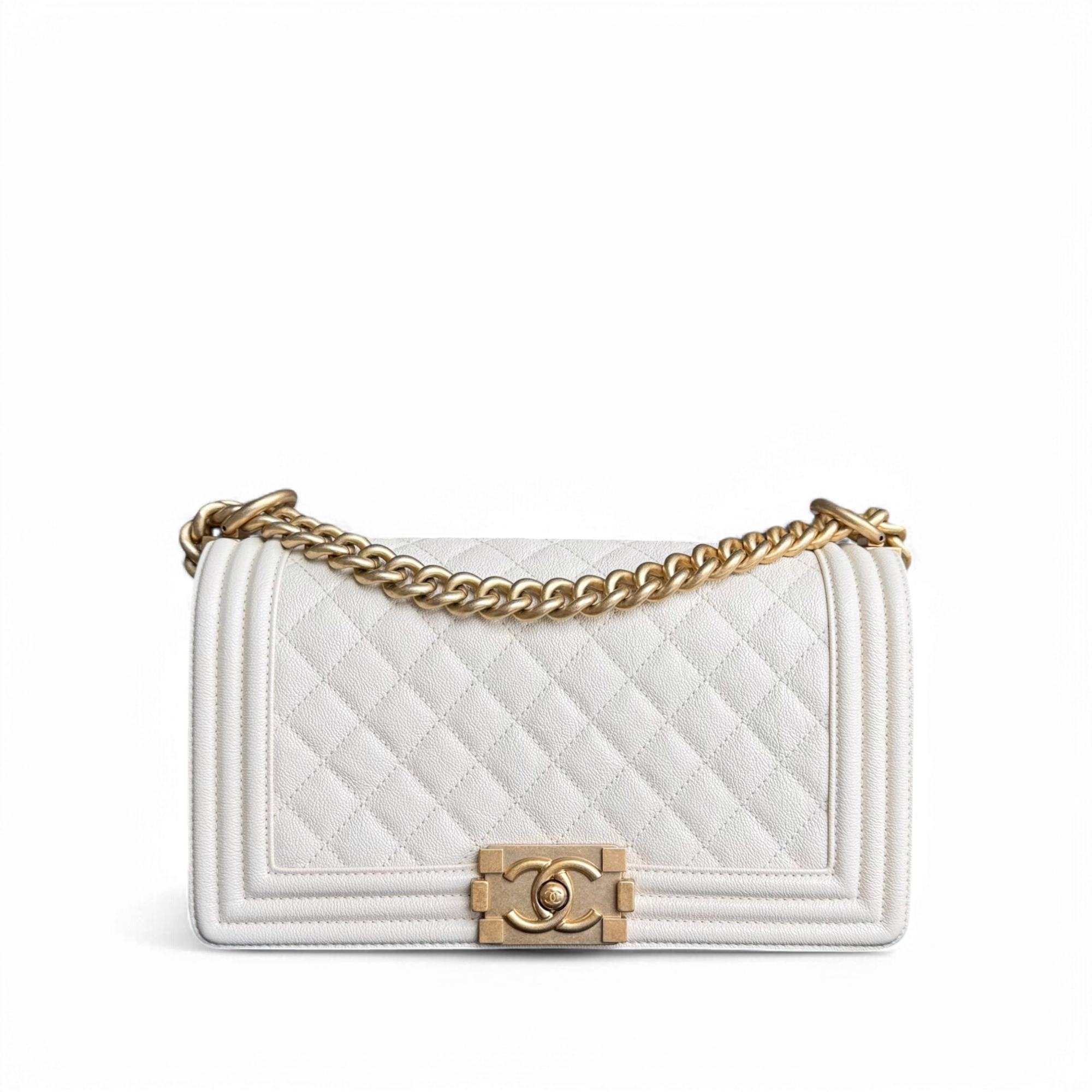 Chanel Boy Medium - Caviar 25CM Cream White Aged Gold Hardware Series 26