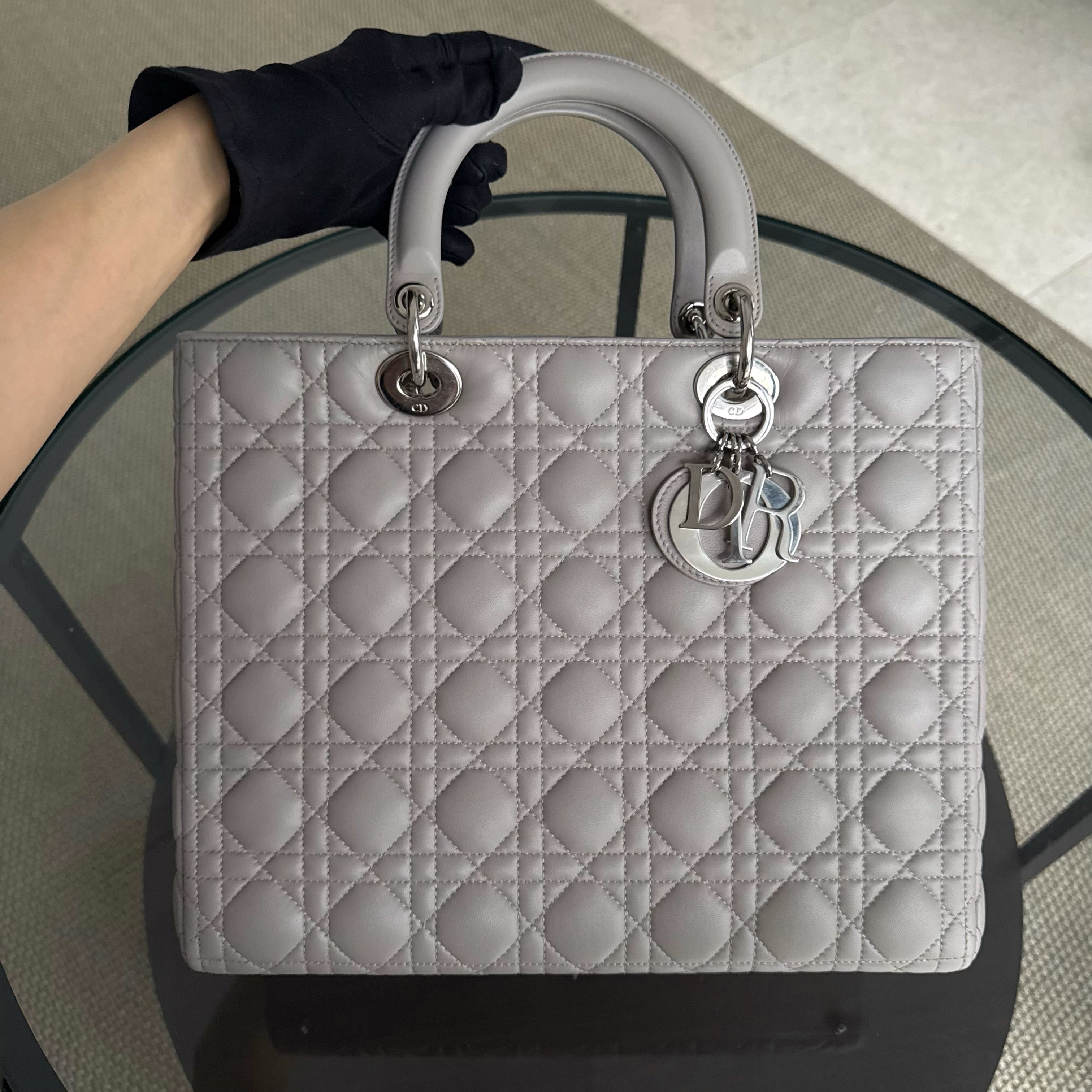 Dior Lady Large - Cannage Lambskin Light Gray Grey Silver Hardware