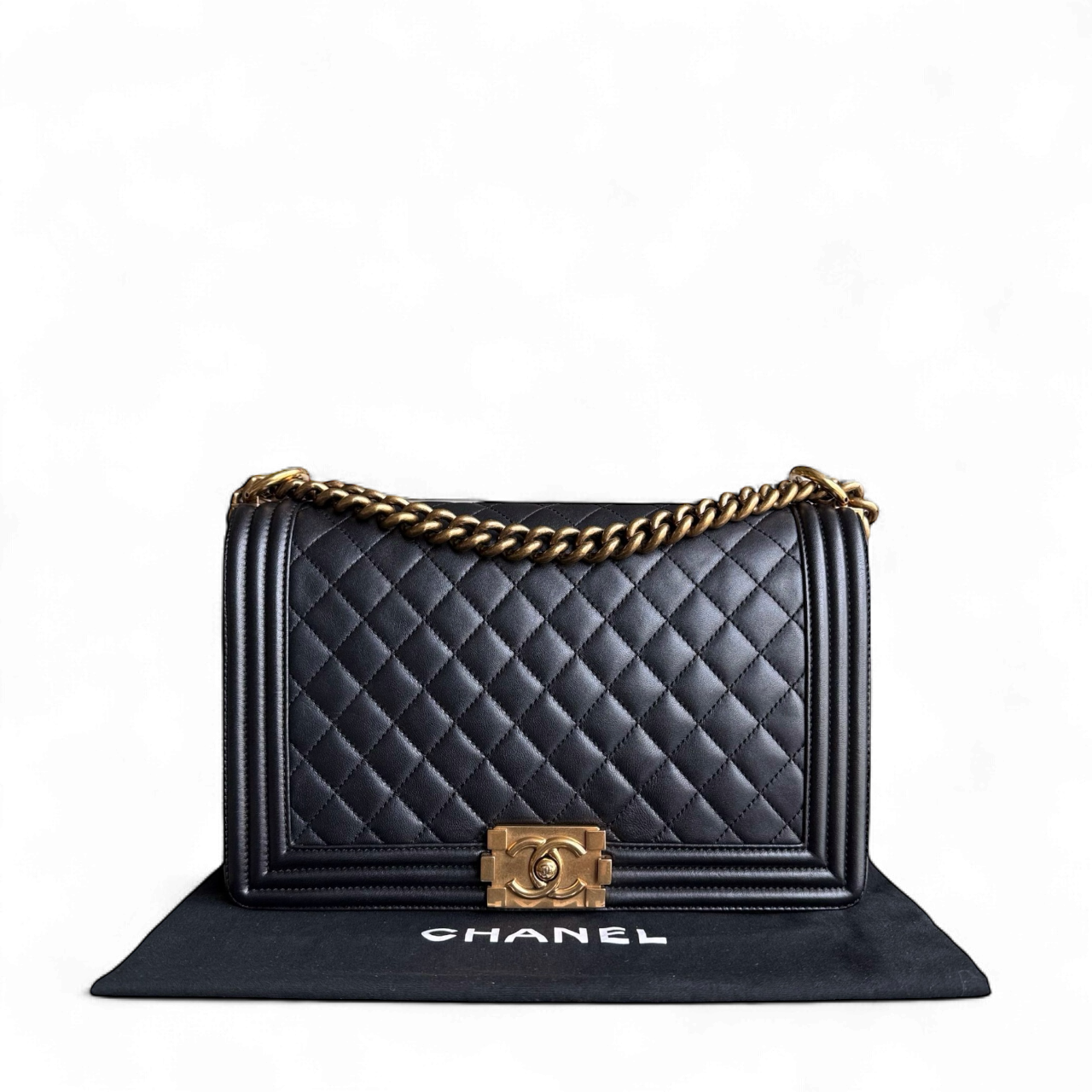 Chanel Boy New Medium - 28CM Quilted Lambskin Black Gold Hardware Series 19