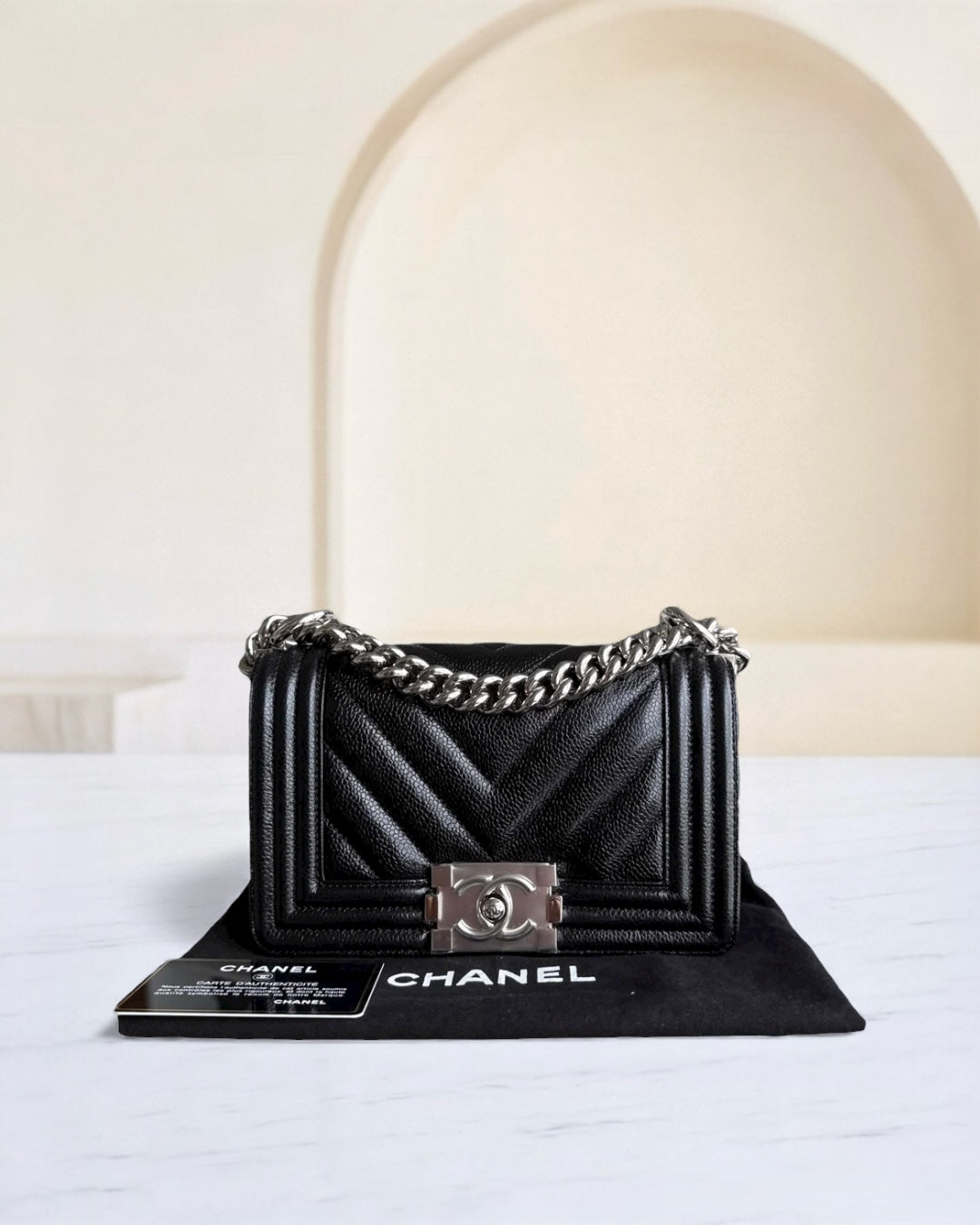 Chanel Boy Small - Caviar 20CM Chevron Black Silver Hardware Series 26