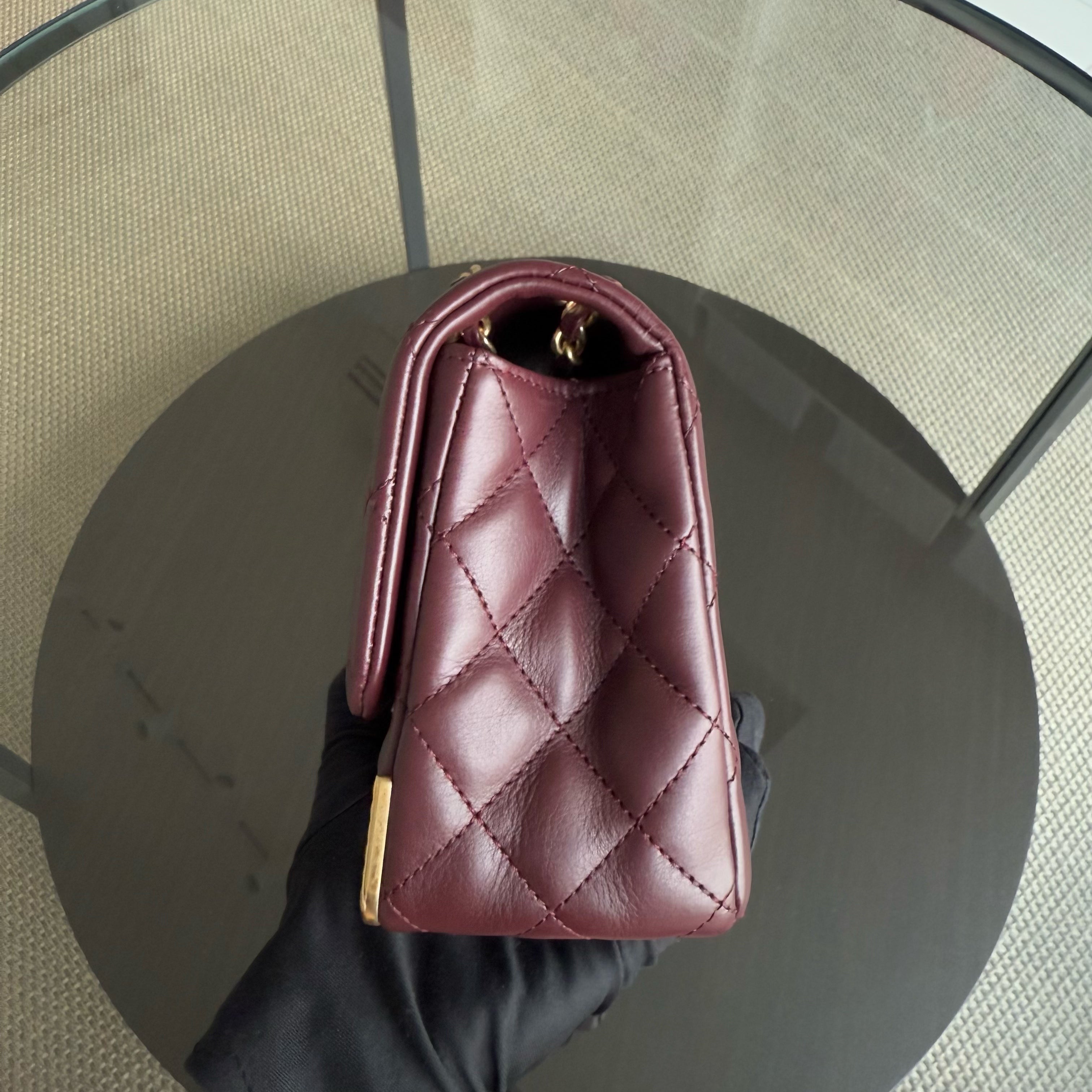 Chanel Rock The Corner Flap Small - 20CM Quilted Calfskin Burgundy Gold Hardware Series 24