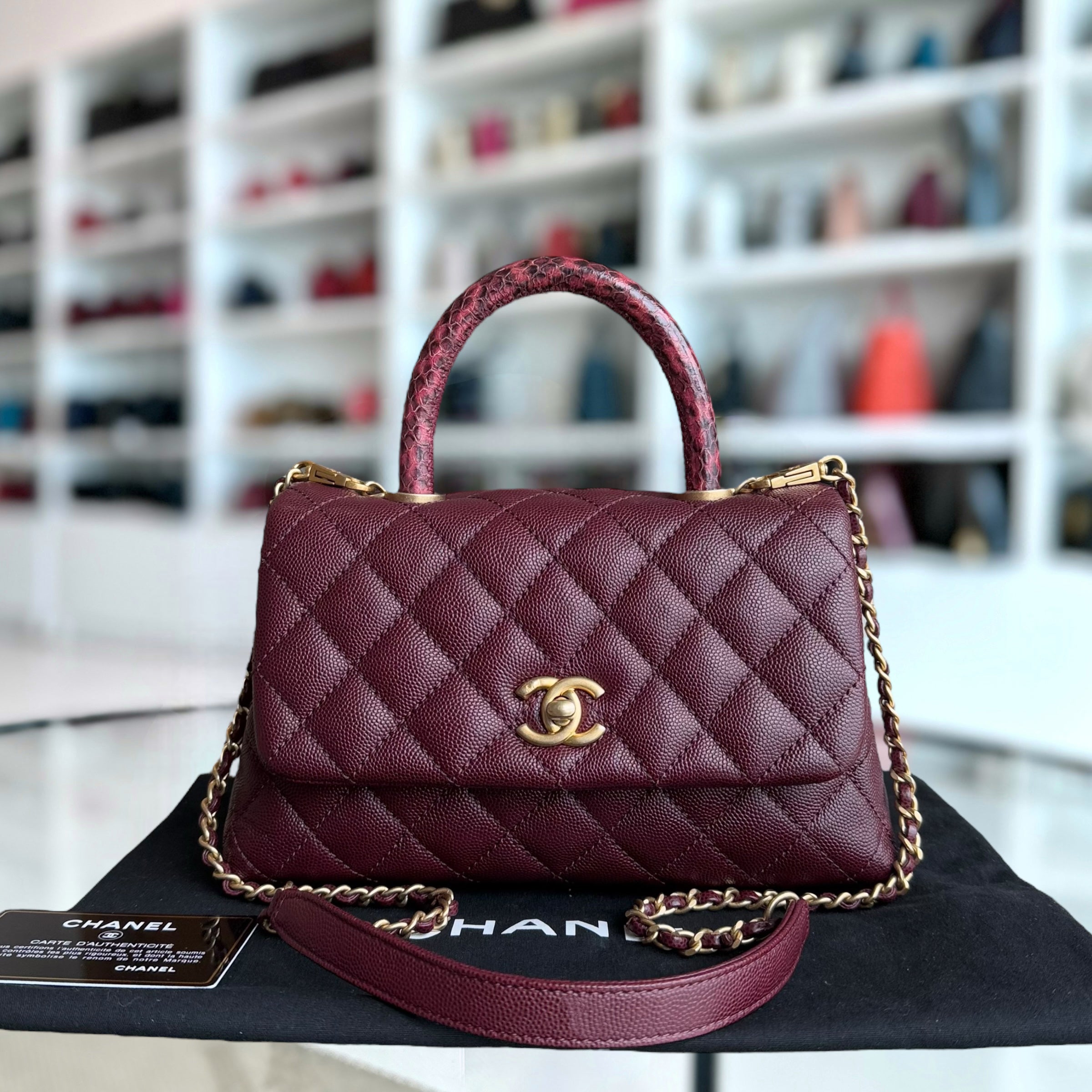 Chanel Coco Handle Small - Caviar Quilted Lizard Burgundy Dark Red Gold Hardware Series 26