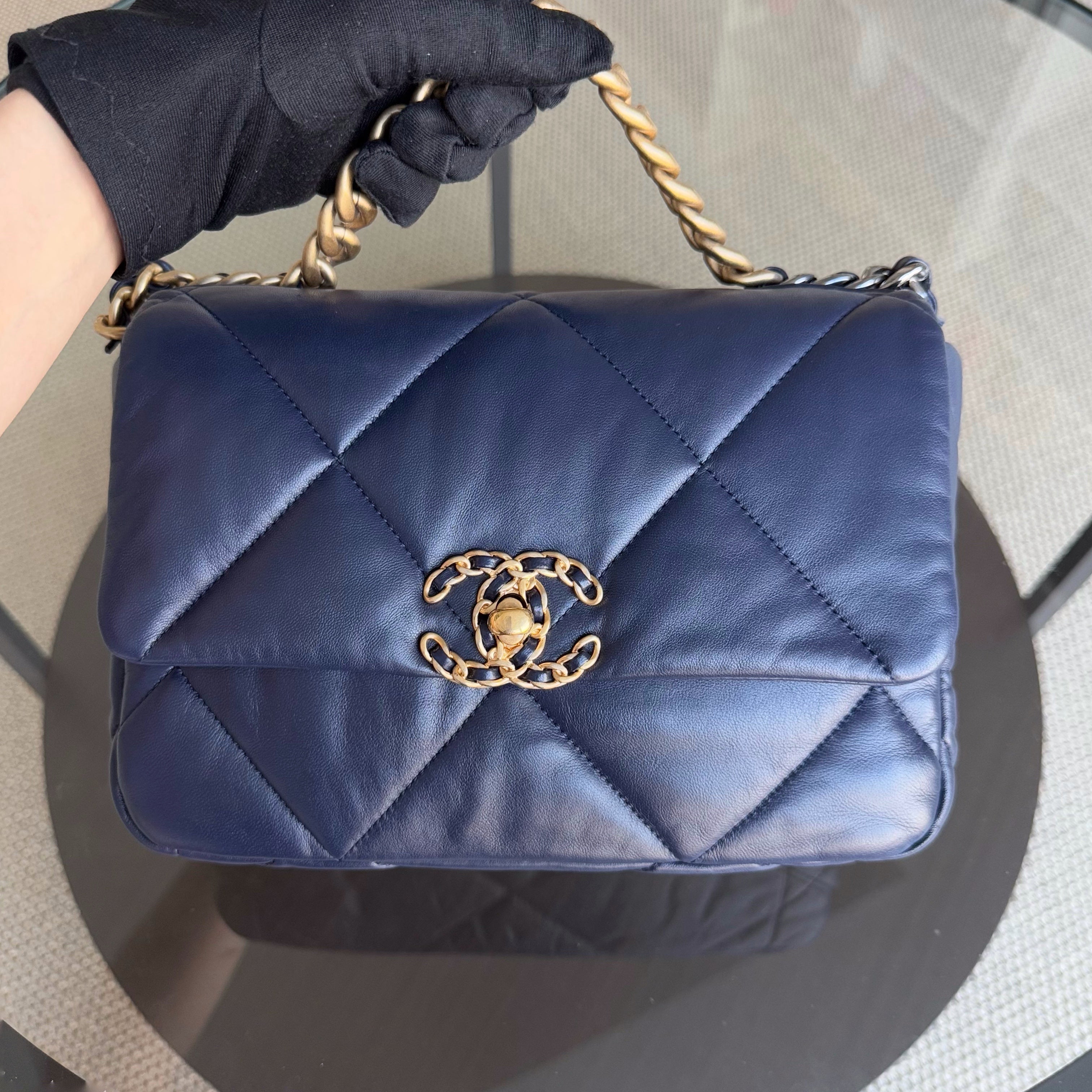 Chanel 19 Bag Small - C19 Quilted Goatskin Dark Navy Blue Two-tone Hardware Series 31