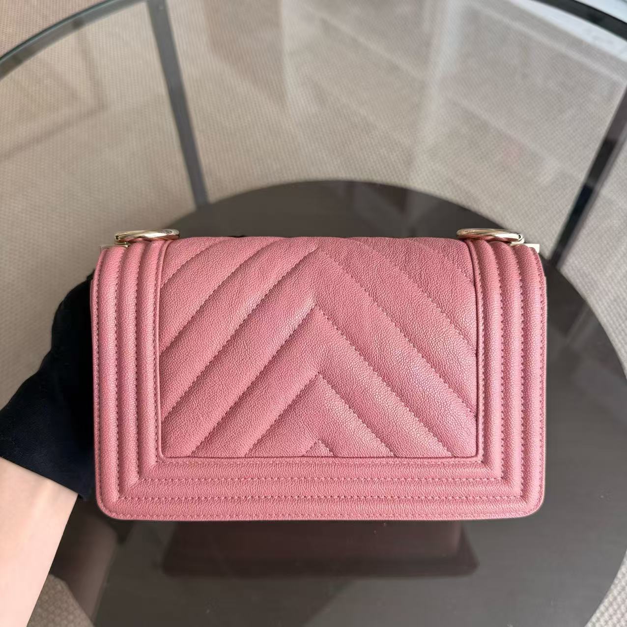 Chanel Boy Small - Caviar 20CM Chevron Pink Gold Hardware Series 28