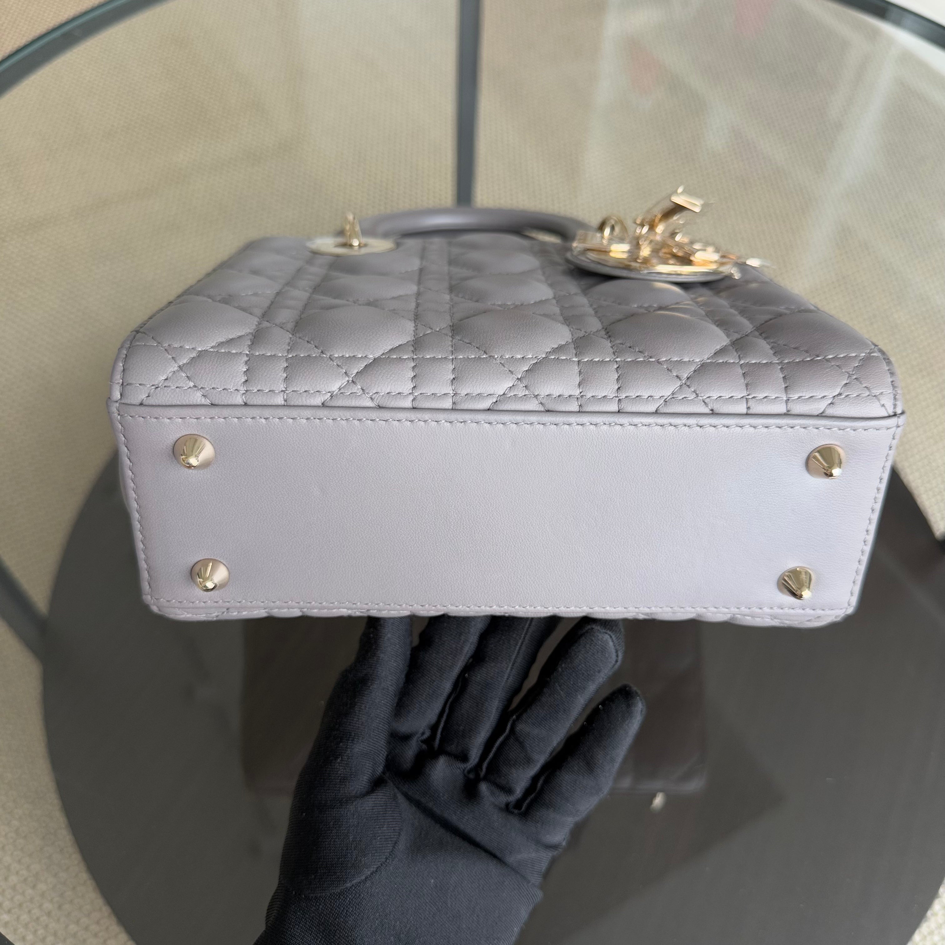 Dior Lady Small - Cannage Lambskin Grey Gray Gold Hardware with Charms