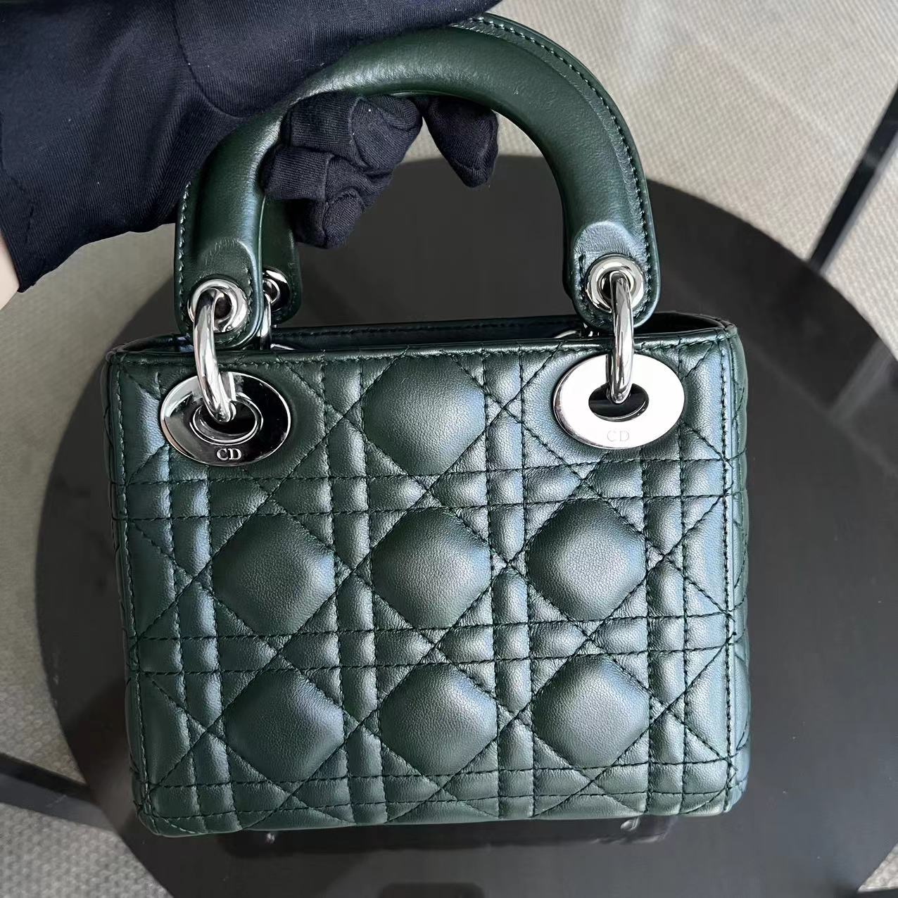 *Full set, Receipt* Dior Lady Mini Lambskin Dark Green Silver Hardware Chain Strap