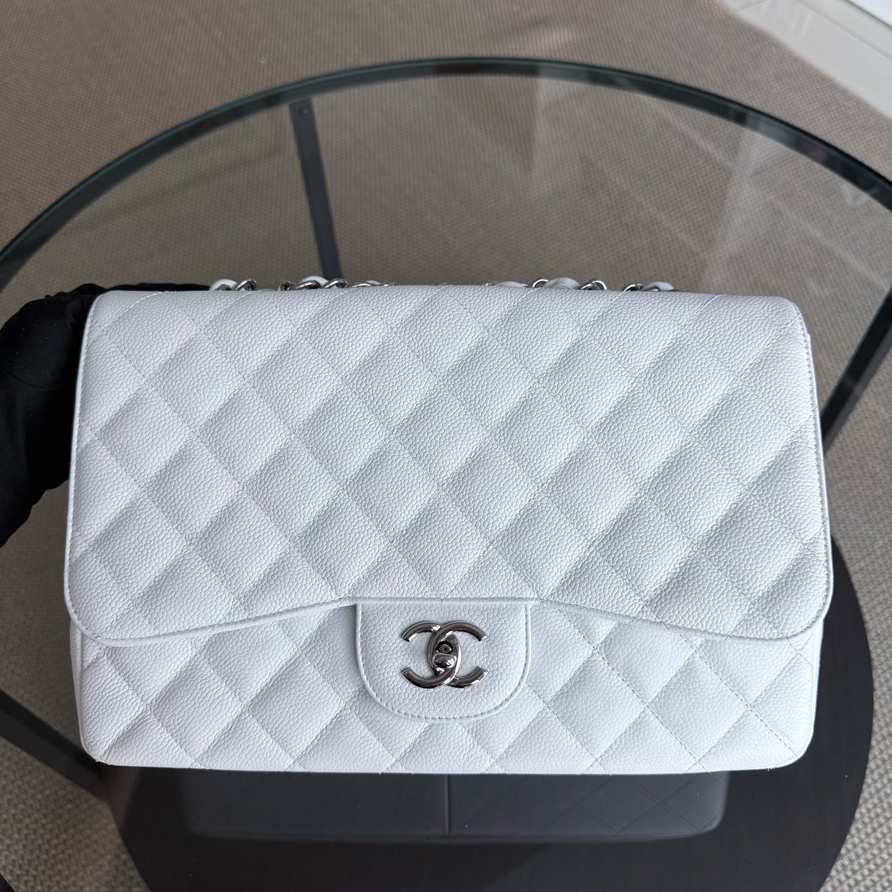 Chanel Classic Flap Jumbo - Caviar 30CM Single Flap Quilted Snow White Silver Hardware Series 13