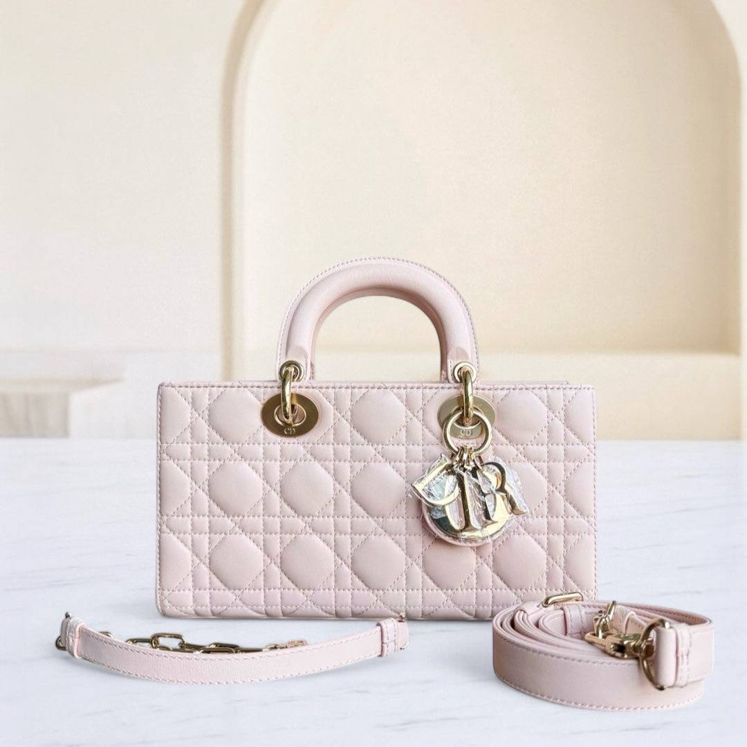Dior D-Joy Medium - Cannage Lambskin Light Pink Gold Hardware