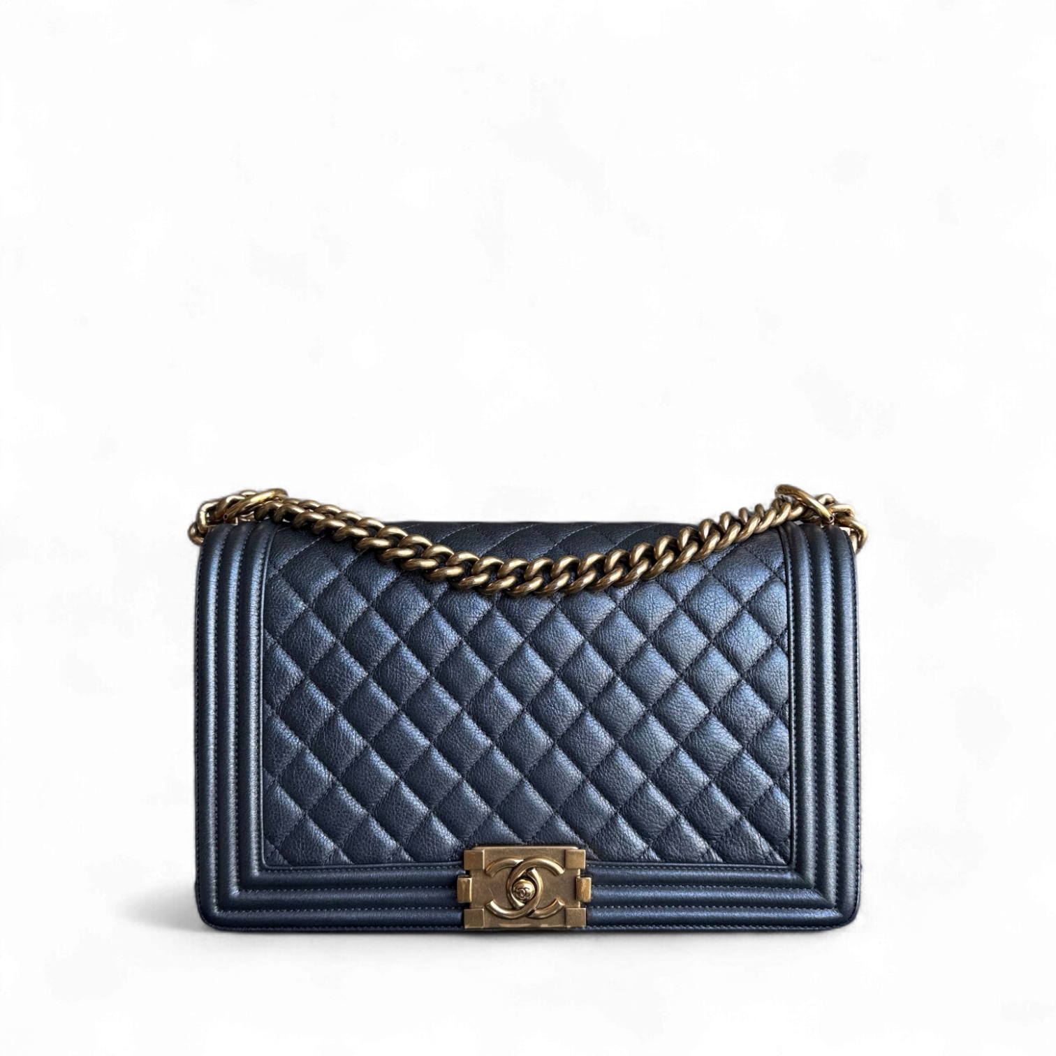 Chanel Boy New Medium - 28CM Quilted Grained Calfskin Dark Gray Ruthenium Gold Hardware Series 20