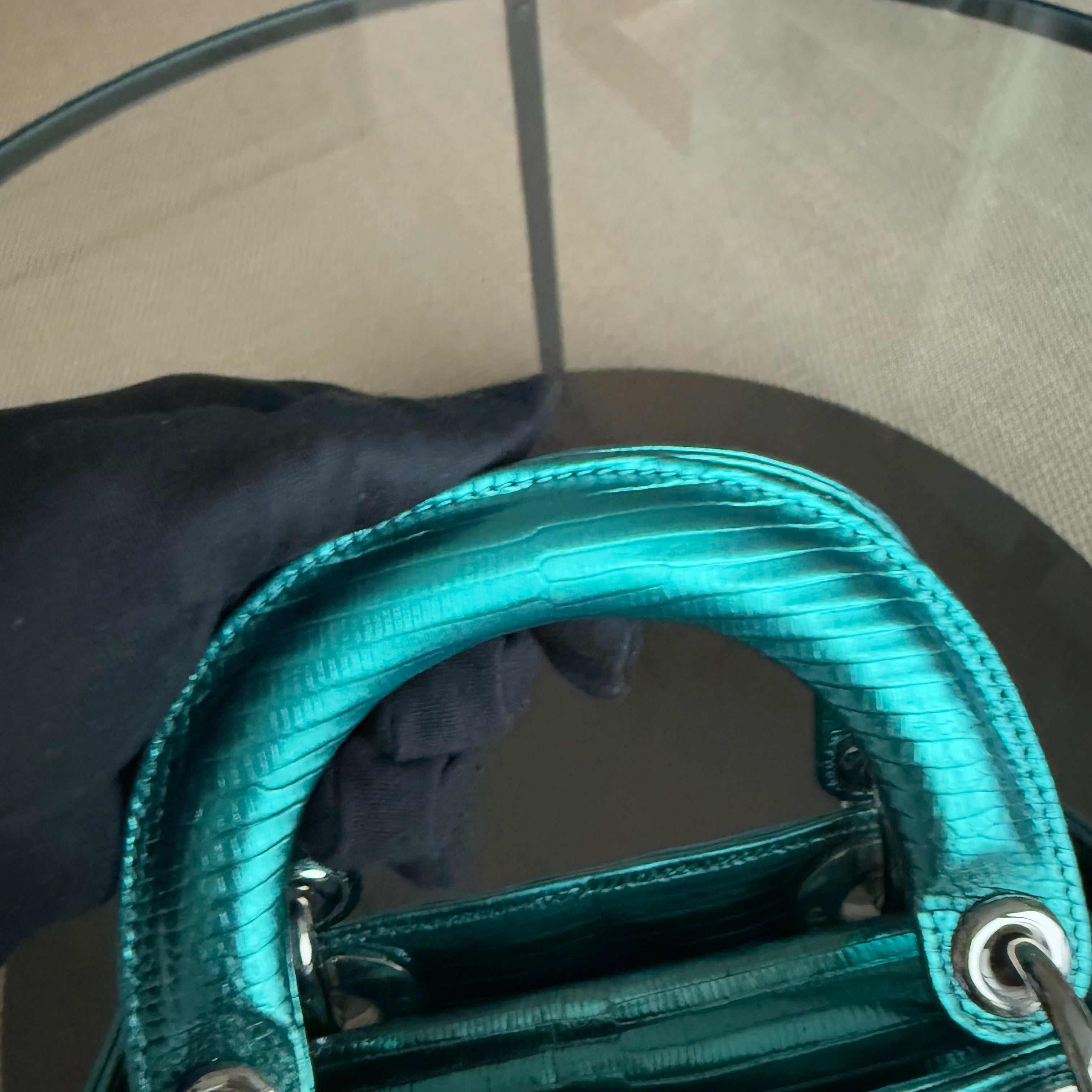 Dior Lady Mini - Exotic Lizard Skin Metallic Blue Green Silver Hardware Leather Strap