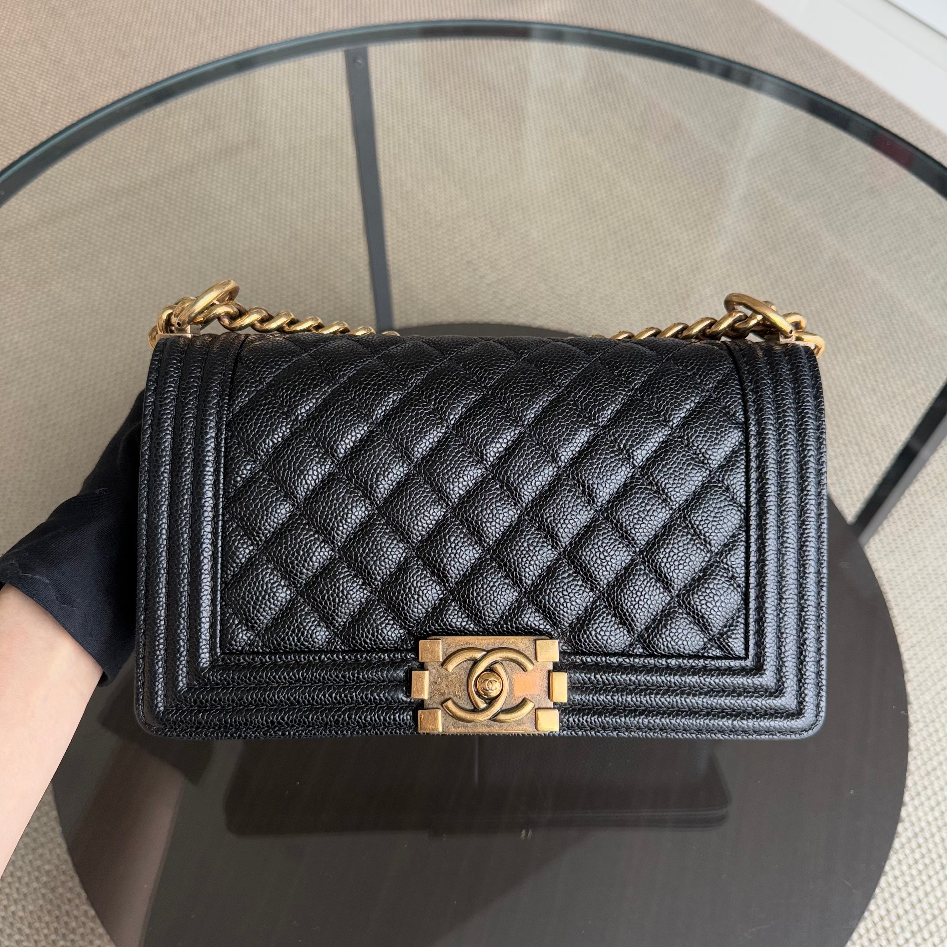 Chanel Boy Medium - Caivar 25CM Quilted Black Ruthenium Gold Hardware Series 20