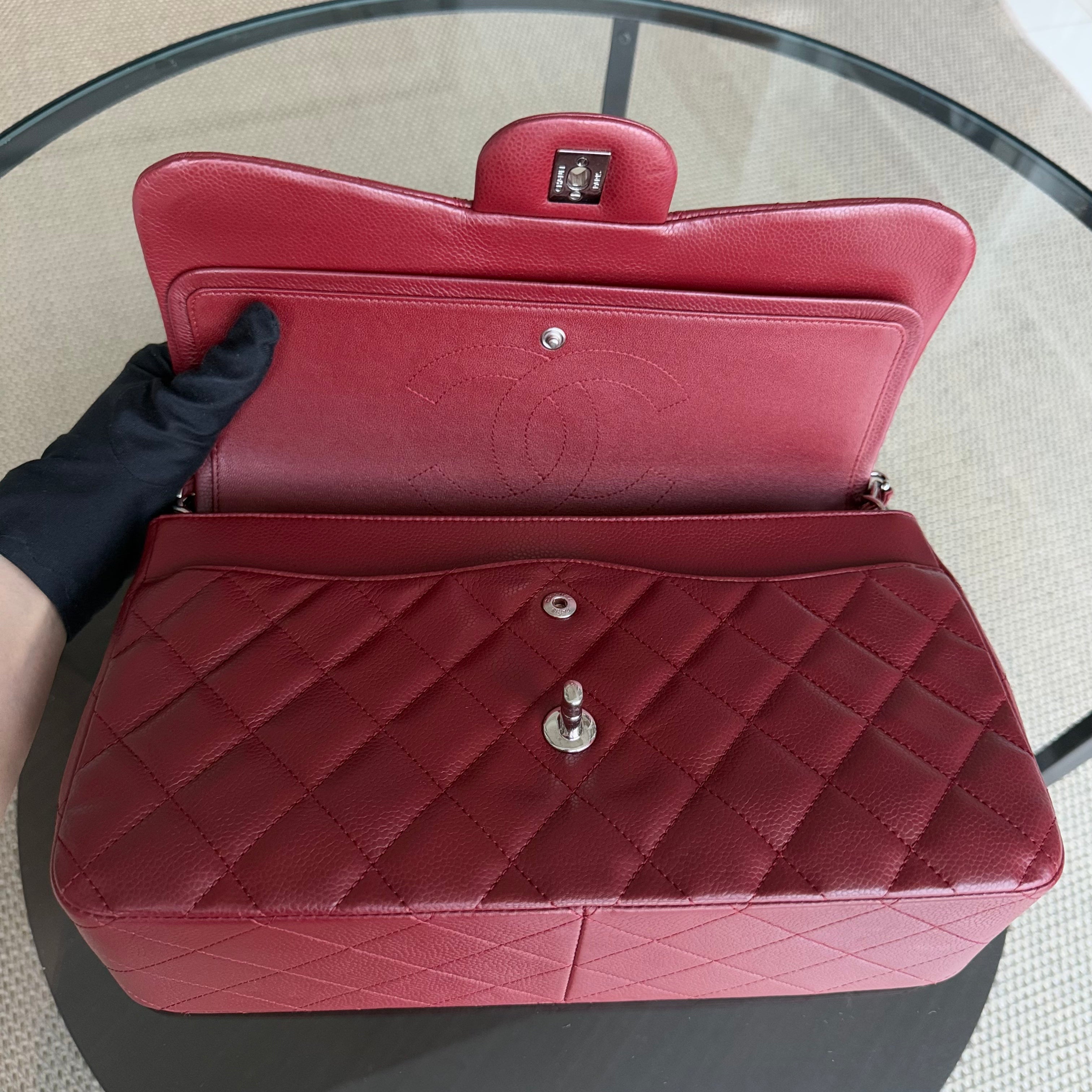 Chanel Classic Flap Jumbo - Caviar Double Flap Quilted Burgundy Dark Red Silver Hardware Series 15