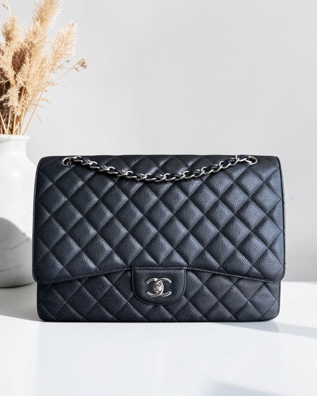 Chanel Classic Flap Maxi - Caviar 33CM Single Flap Quilted Black Silver Harware Series 13