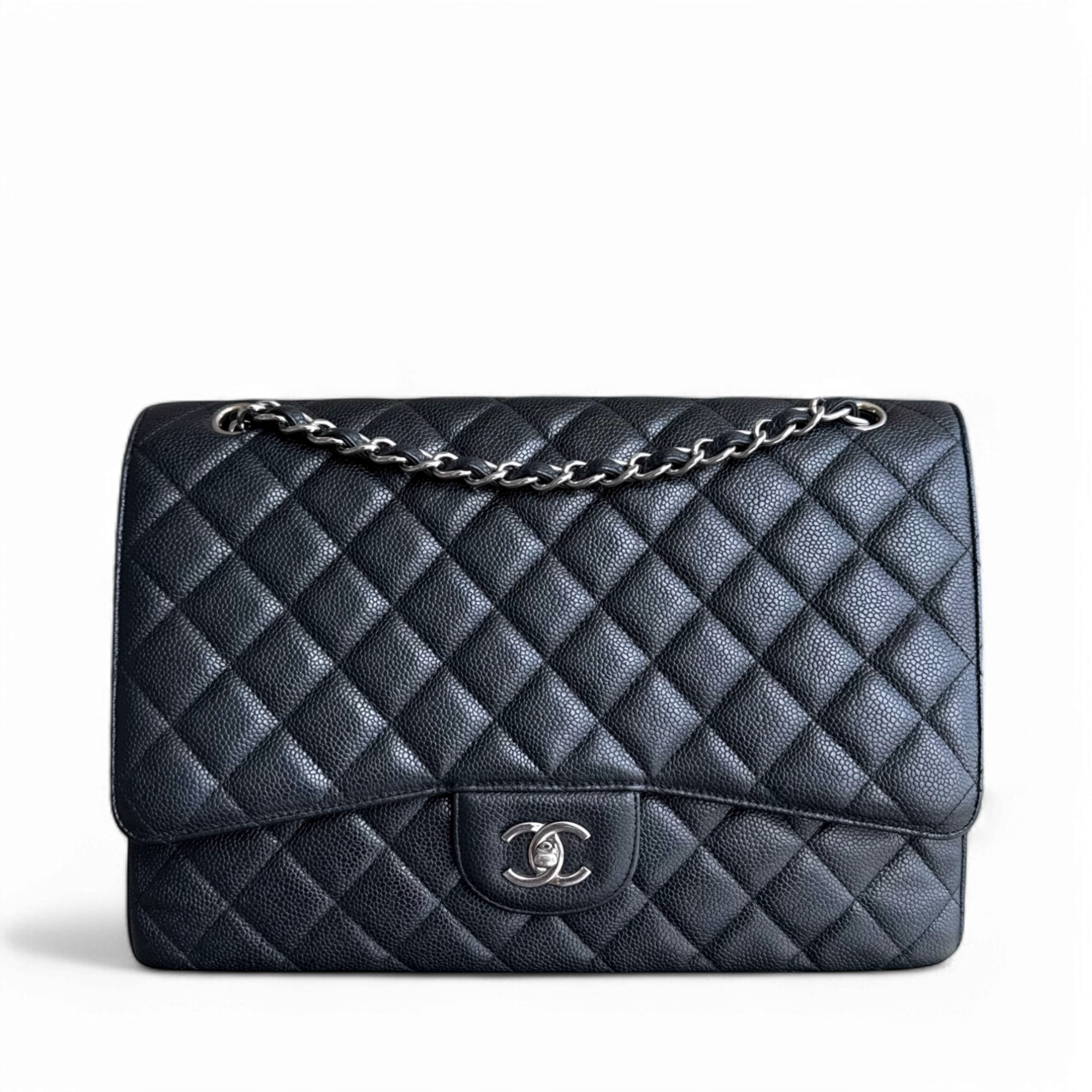 Chanel Classic Flap Maxi - Caviar 33CM Single Flap Quilted Black Silver Harware Series 14