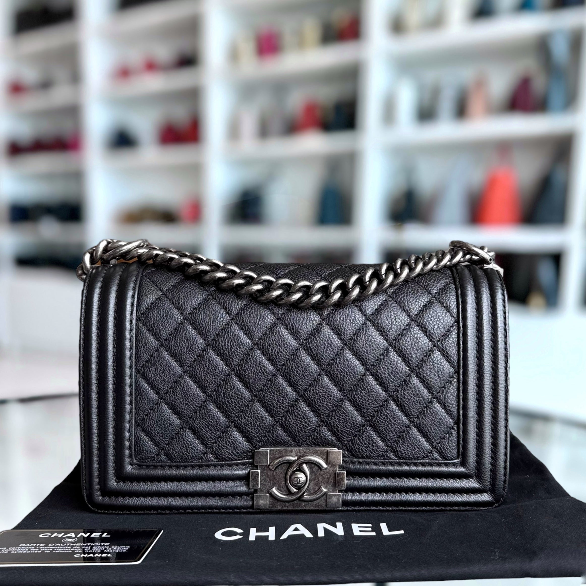 Chanel Boy Medium - 25CM Quilted Grained Calfskin Black Ruthenium Silver Hardware Series 18