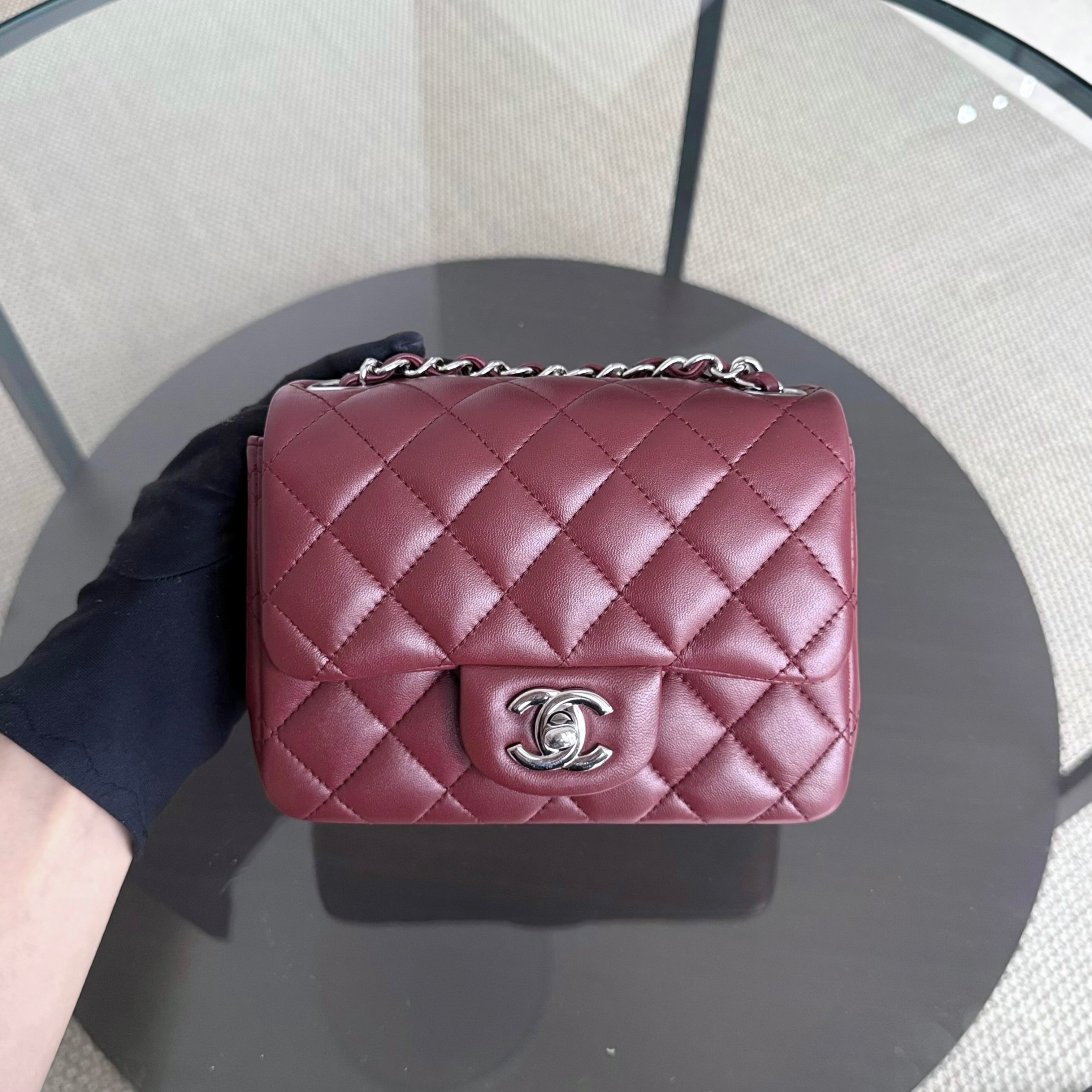 Chanel Classic Flap Mini Square - Lambskin Quilted Burgundy Silver Hardware Series 28