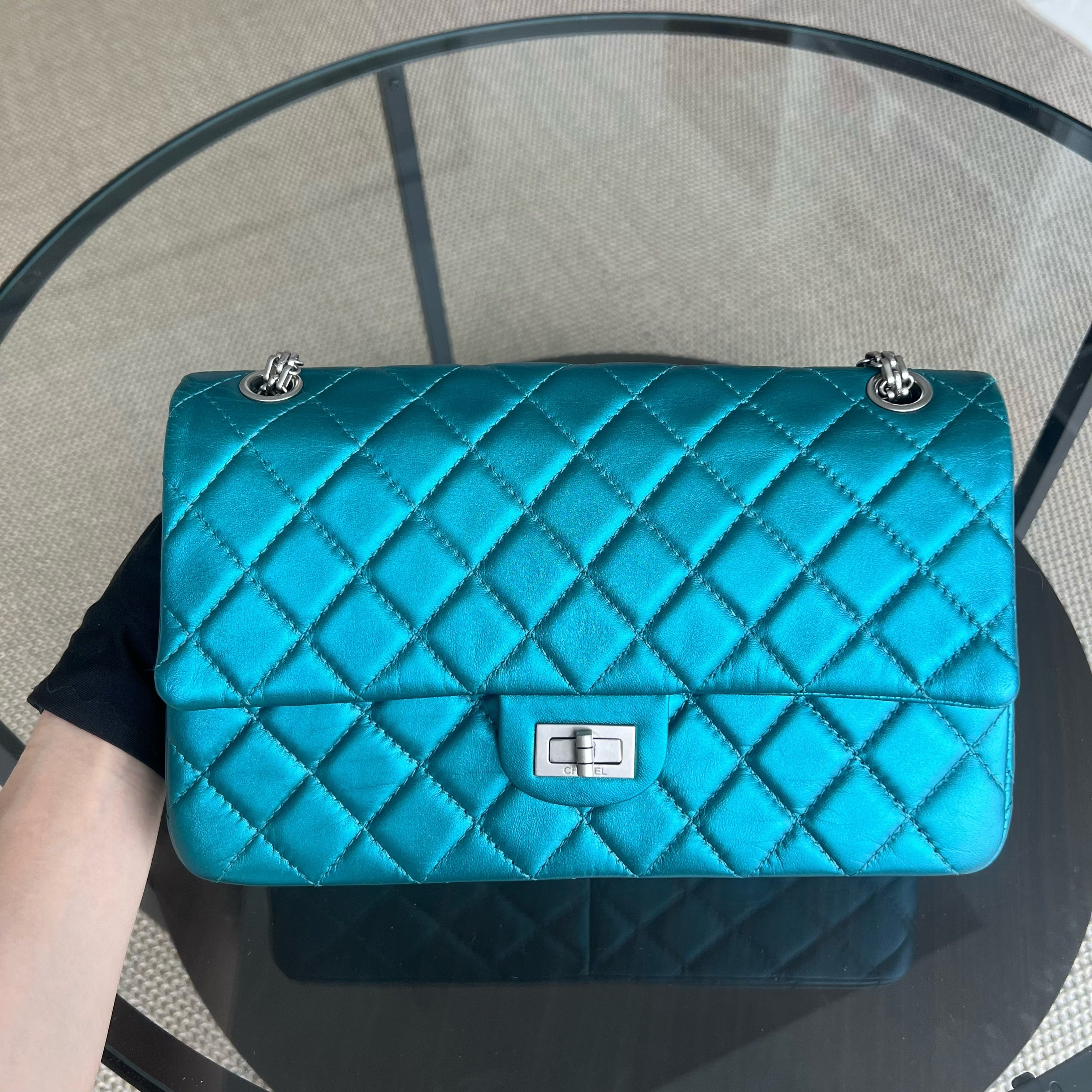 Chanel 2.55 Reissue 226 - Medium Quilted Calfskin Iridescent Cyan Blue Silver Hardware Series 12