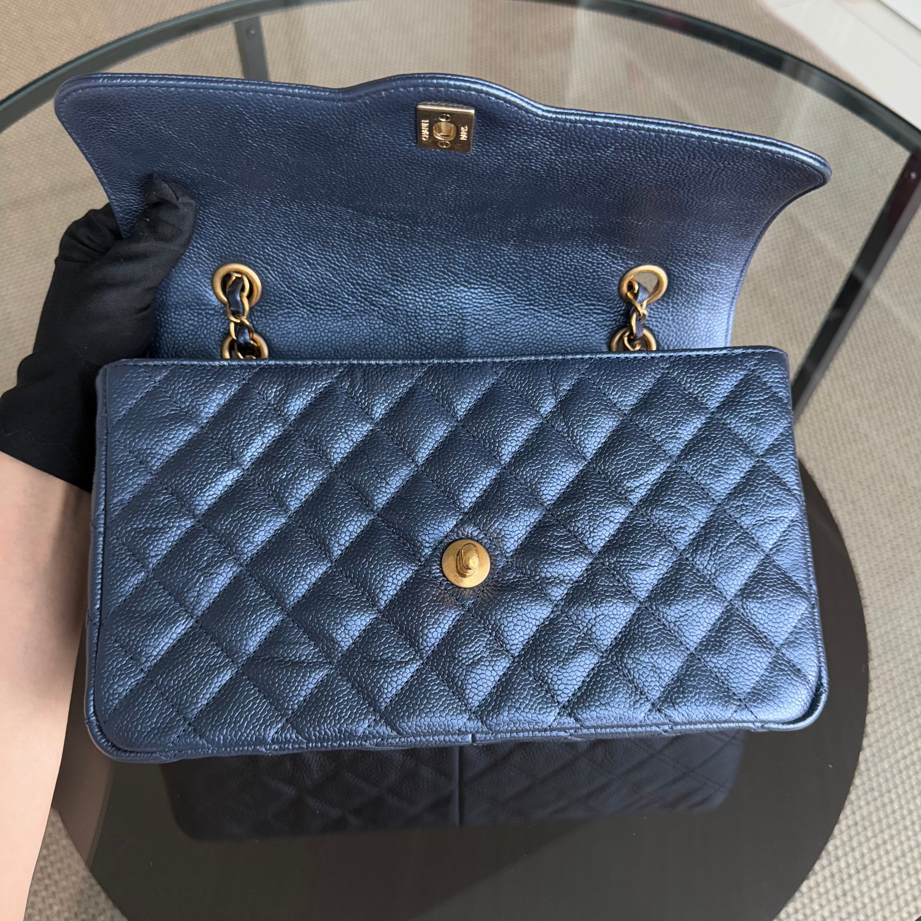 Chanel Crumpled Two Tone Flap - Medium Grained Calfskin Navy Blue Gold Hardware Series 21