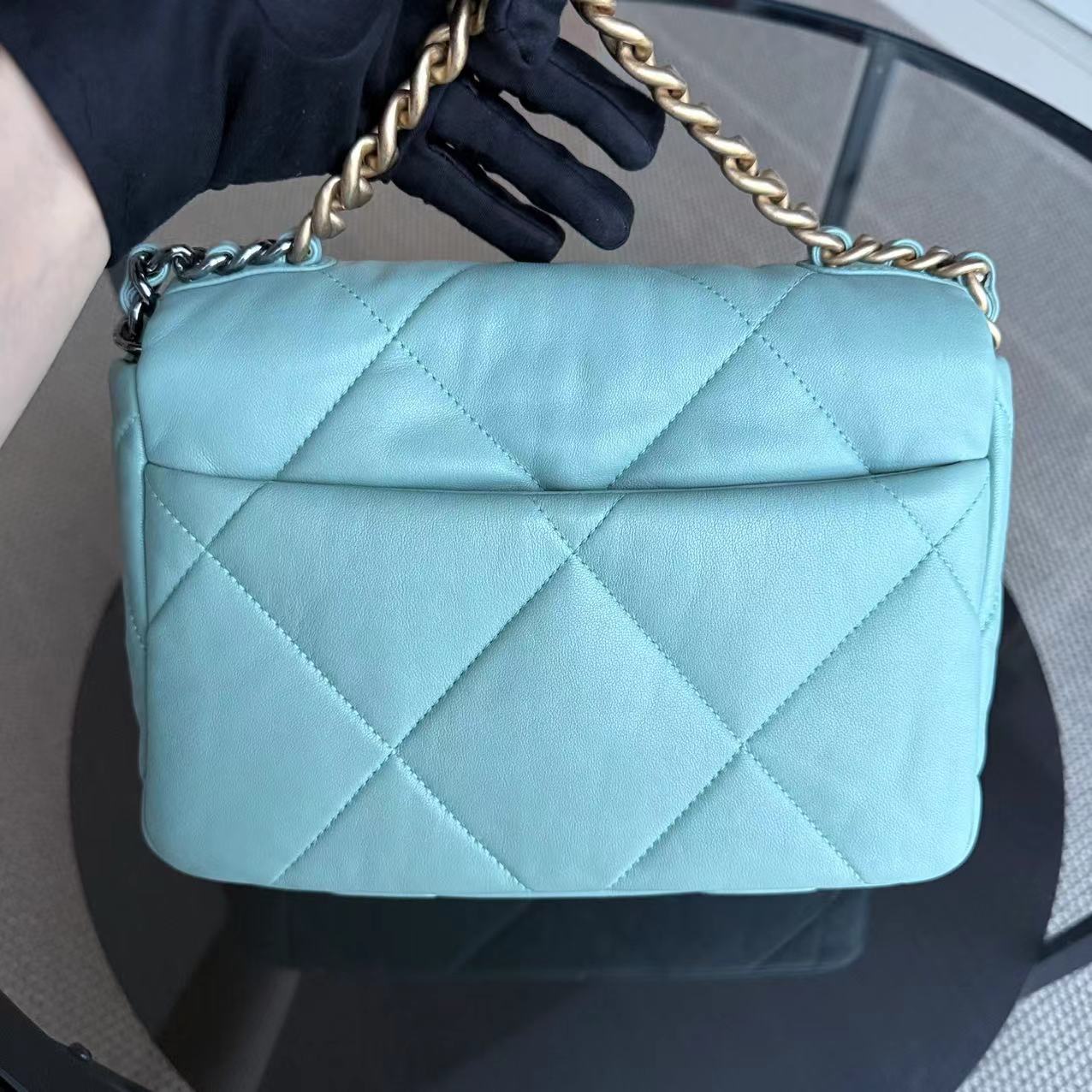 Chanel Small 19 Bag C19 Quilted Goatskin Tiffany Blue Two Tone Golden Hardware Sereis 29