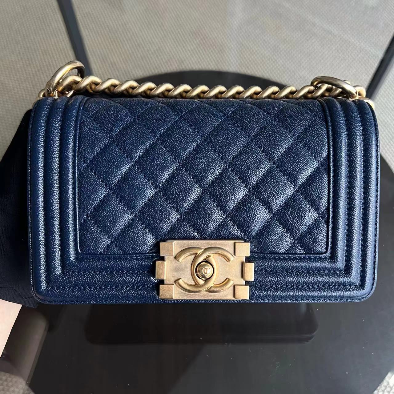 Chanel Caviar Boy Small Quilted Grained Calfskin Dark Blue Golden Hardware Series 26