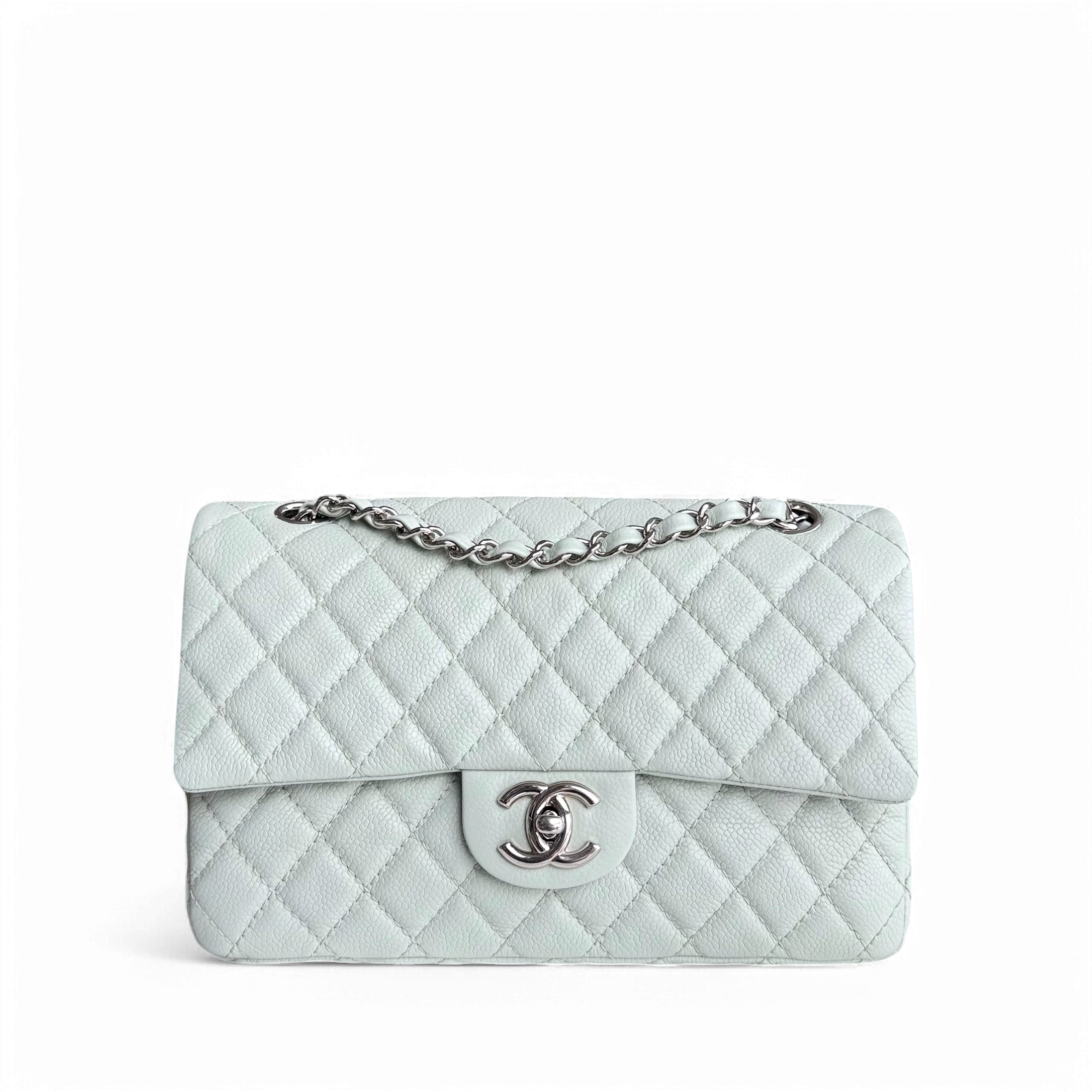 Chanel Classic Flap Medium - Caviar 25CM Quilted Light Mint Green Grey Gray Silver Hardware Series 12