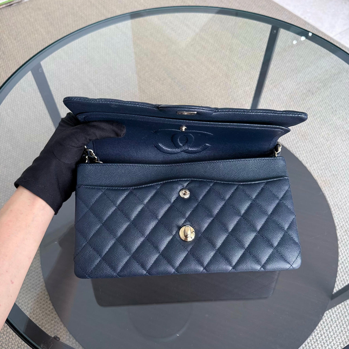 Chanel Classic Flap Medium - Caviar 25CM Quilted Midnight Blue Light Gold Hardware Series 26