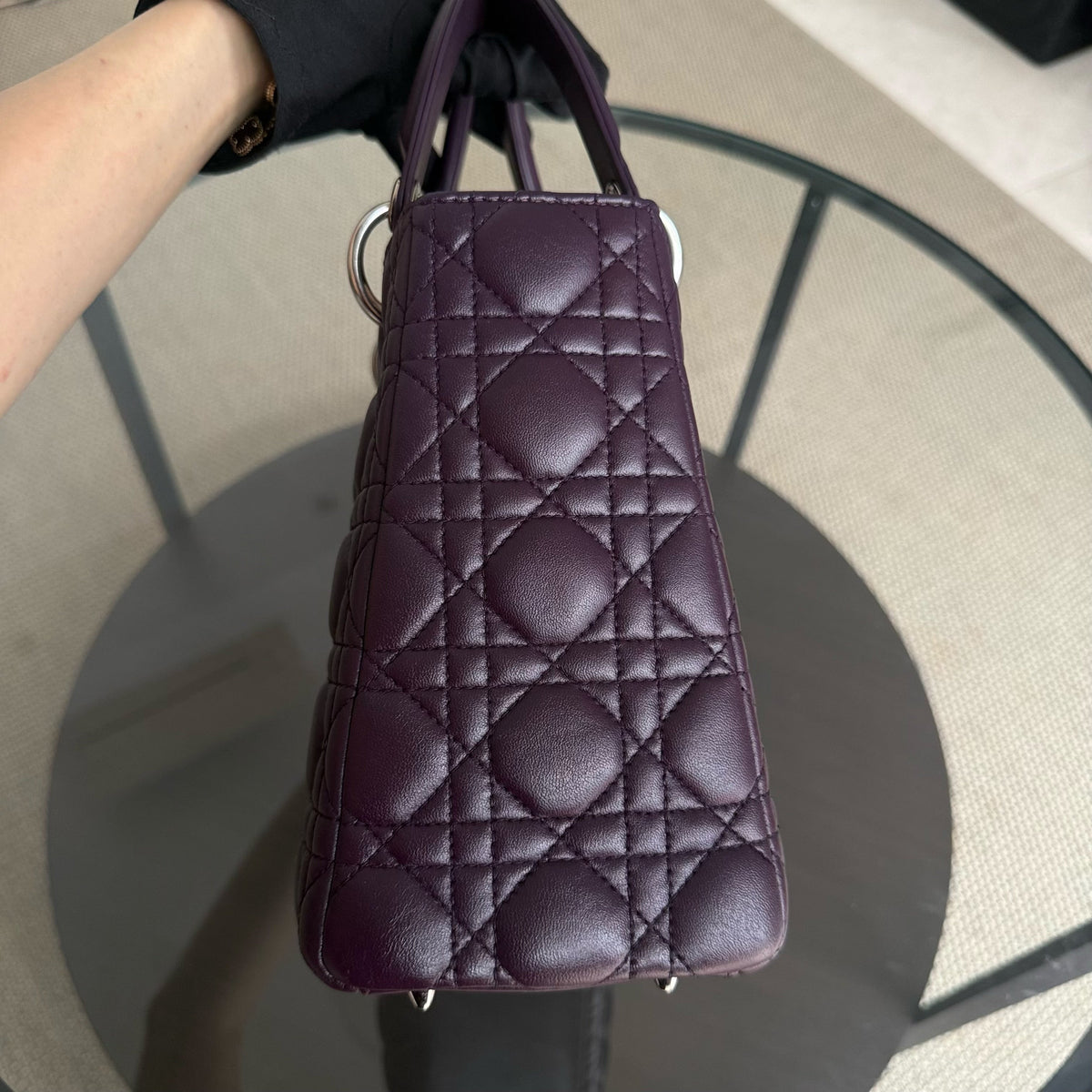 Dior Lady Medium - Cannage Lambskin Dark Maroon Silver Hardware