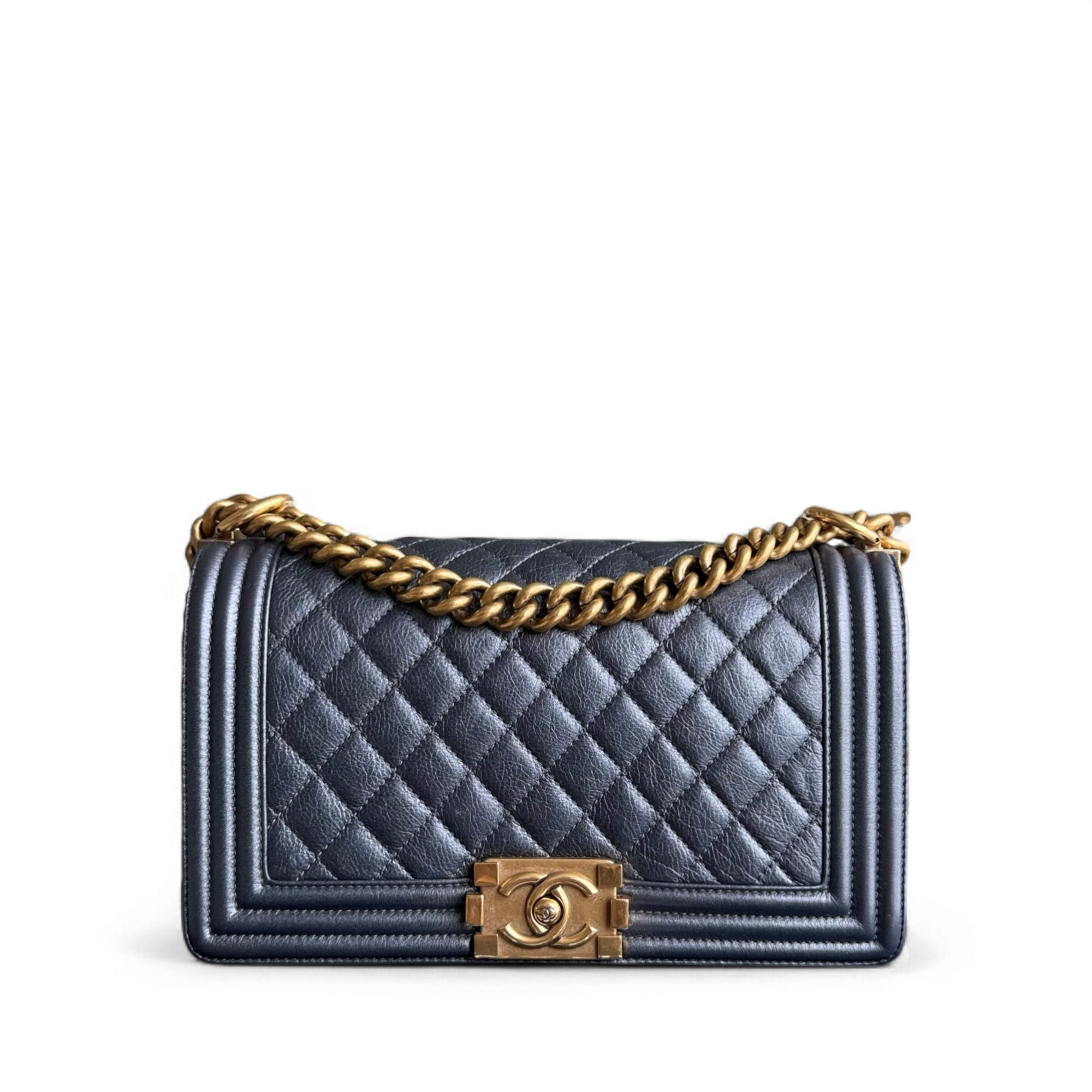 Chanel Boy Medium - Calfskin 25CM Quilted Iridescent Charcoal Black Aged Gold Hardware Series 20