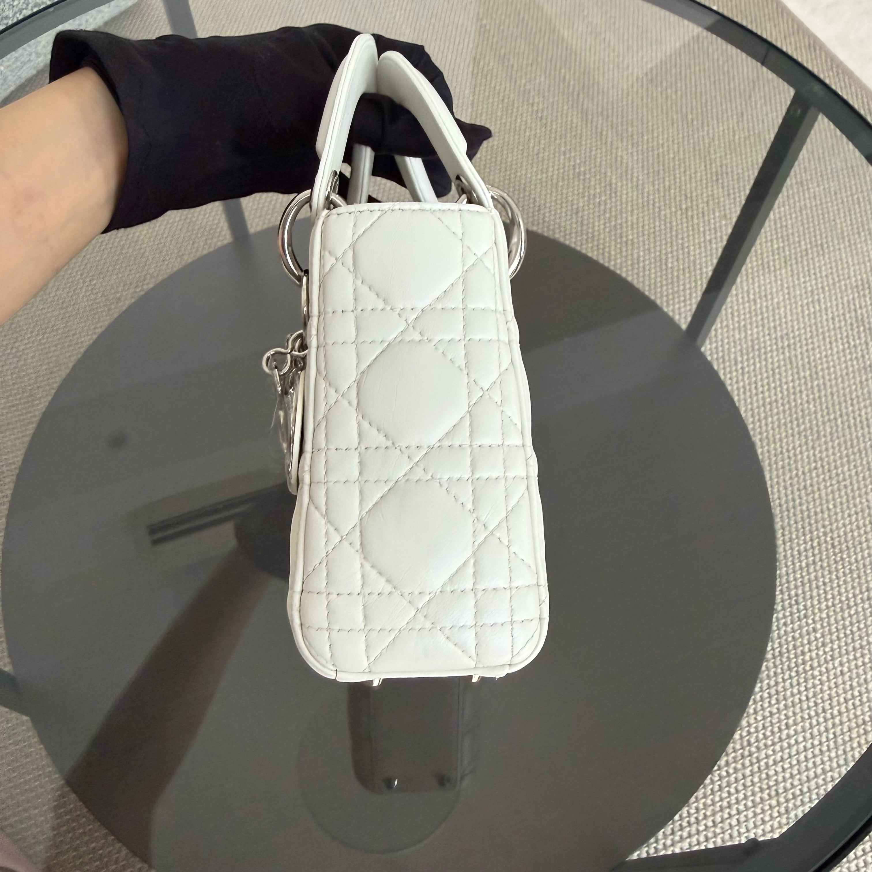 Dior Lady Mini - Cannage Lambskin White Silver Hardware Chain Strap