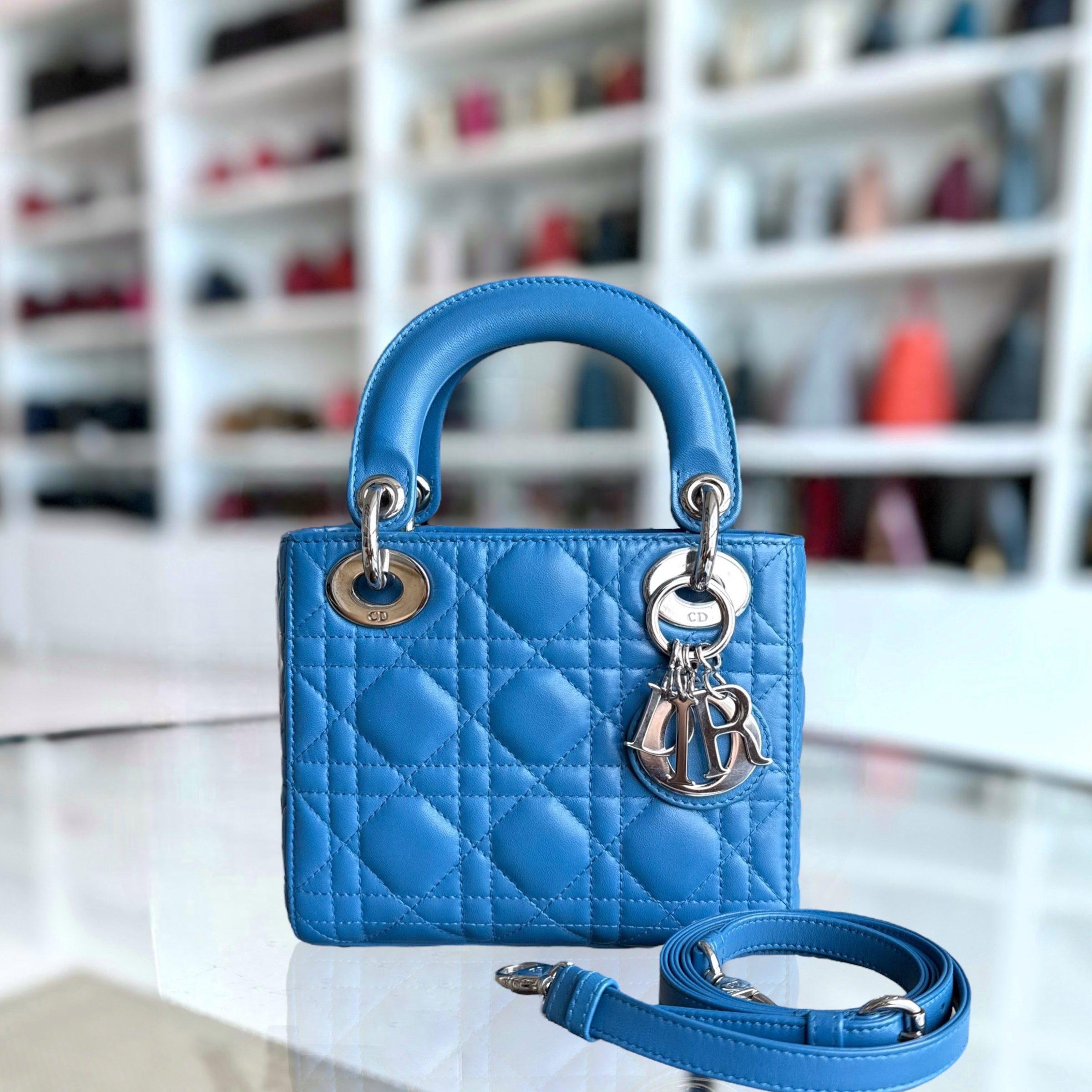 Dior Lady Mini - Cannage Lambskin Blue Silver Hardware Adjustable Strap