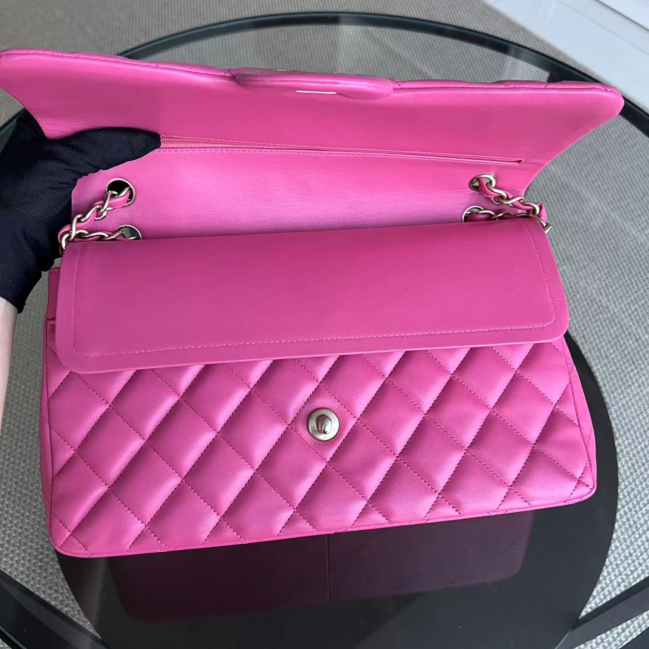 Jumbo Classic Flap Double Flap Quilted Lambskin Hot Pink Golden Hardware Series 17