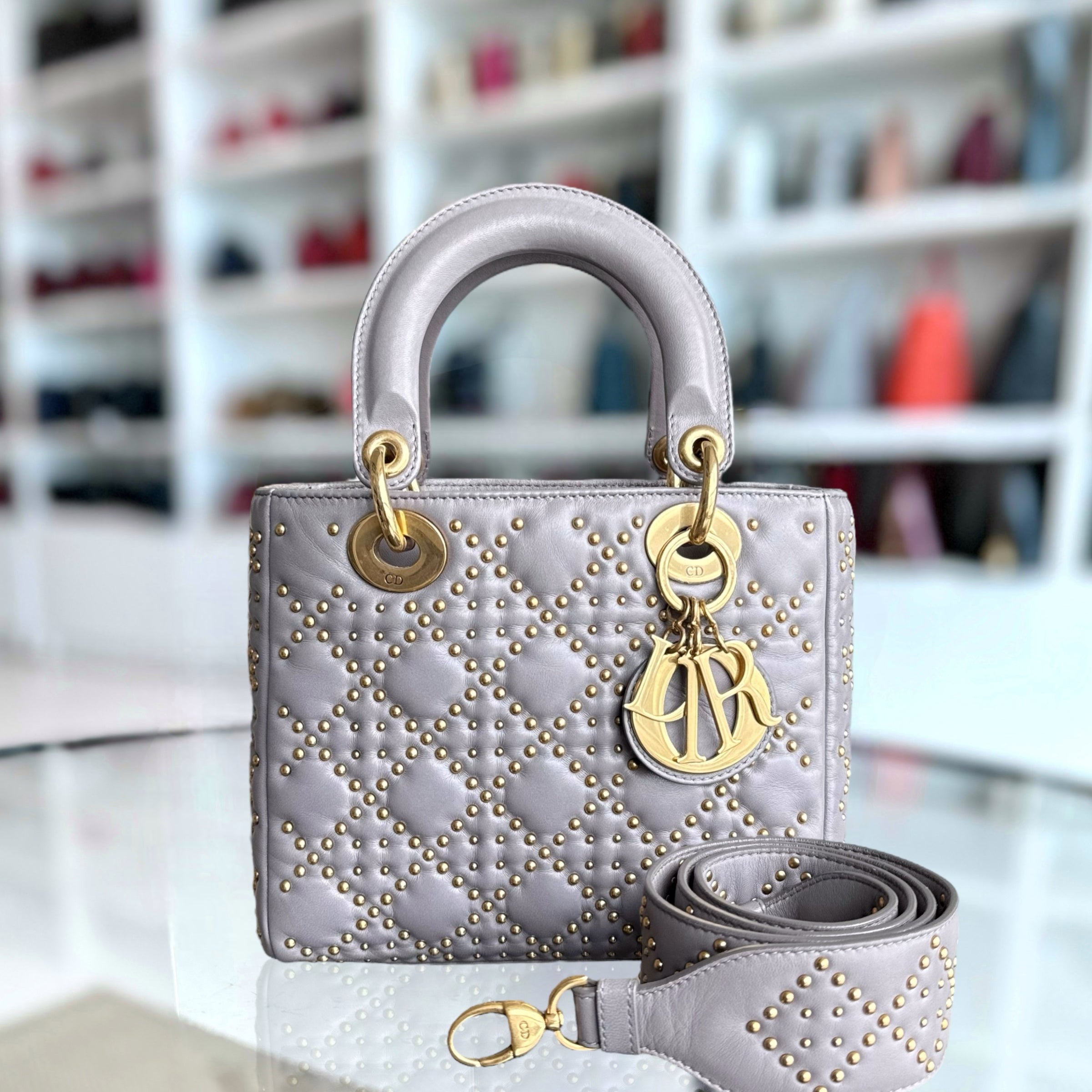 Dior Lady Small - Studded Lambskin Cannage Grey Gray Gold Hardware